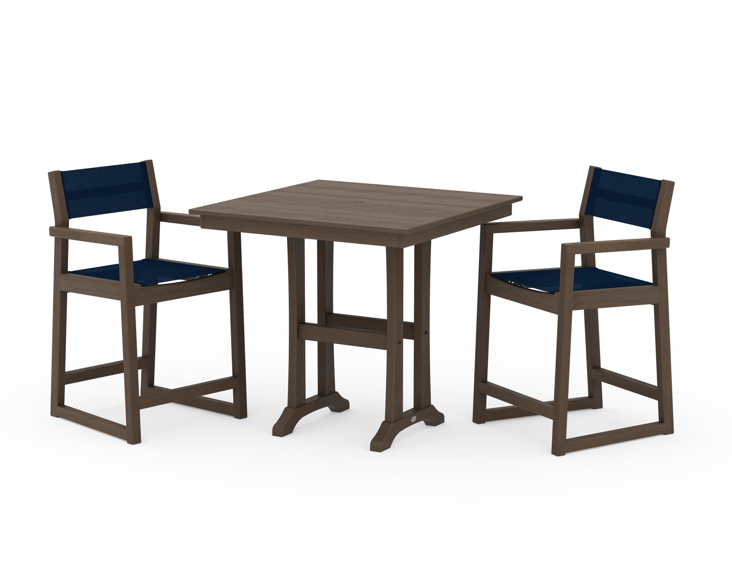 POLYWOOD EDGE Sling Arm Chair 3-Piece Farmhouse Counter Set with Trestle Legs in Kona / Navy Blue Sling