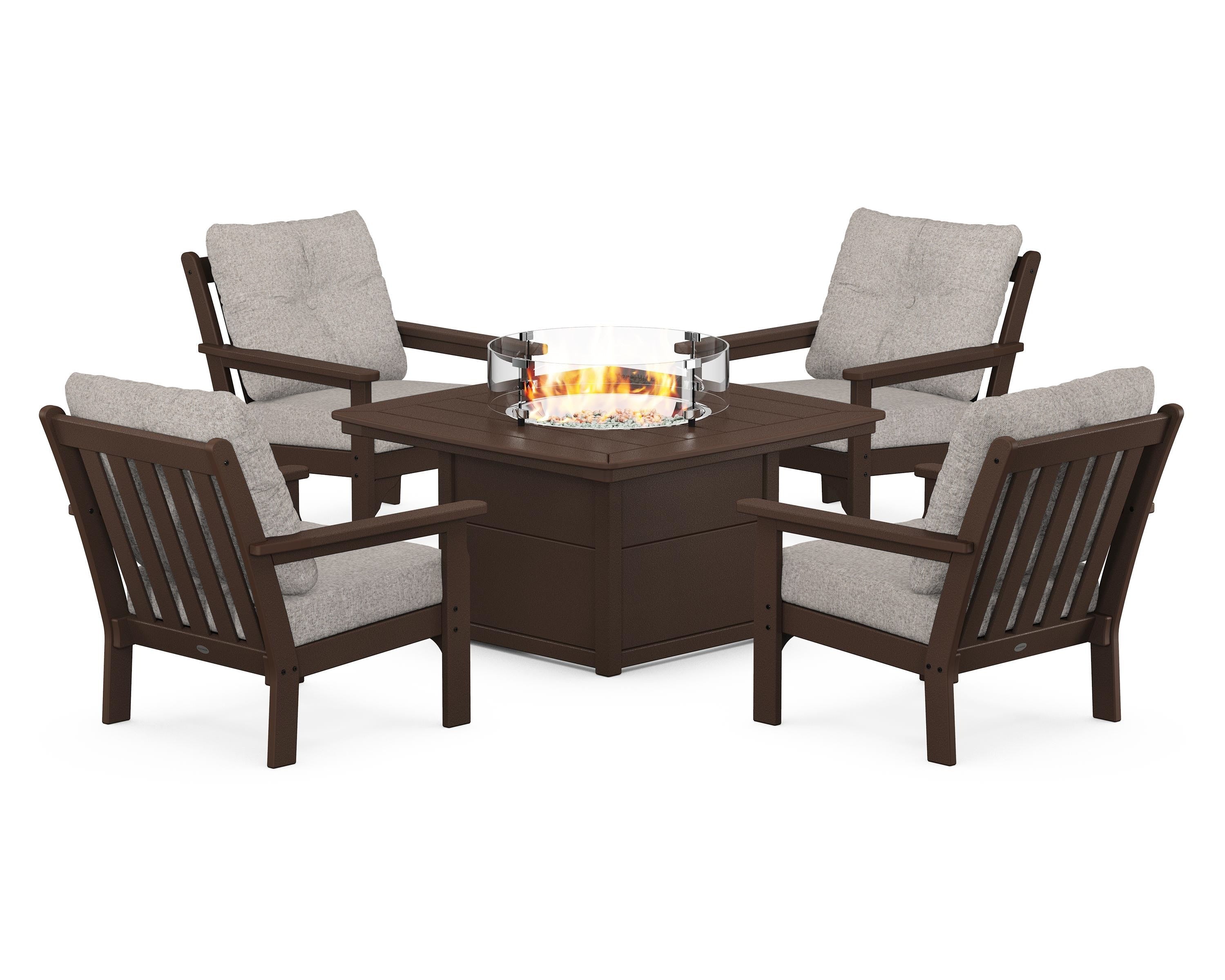 POLYWOOD Vineyard 5-Piece Conversation Set with Fire Pit Table in Mahogany / Weathered Tweed