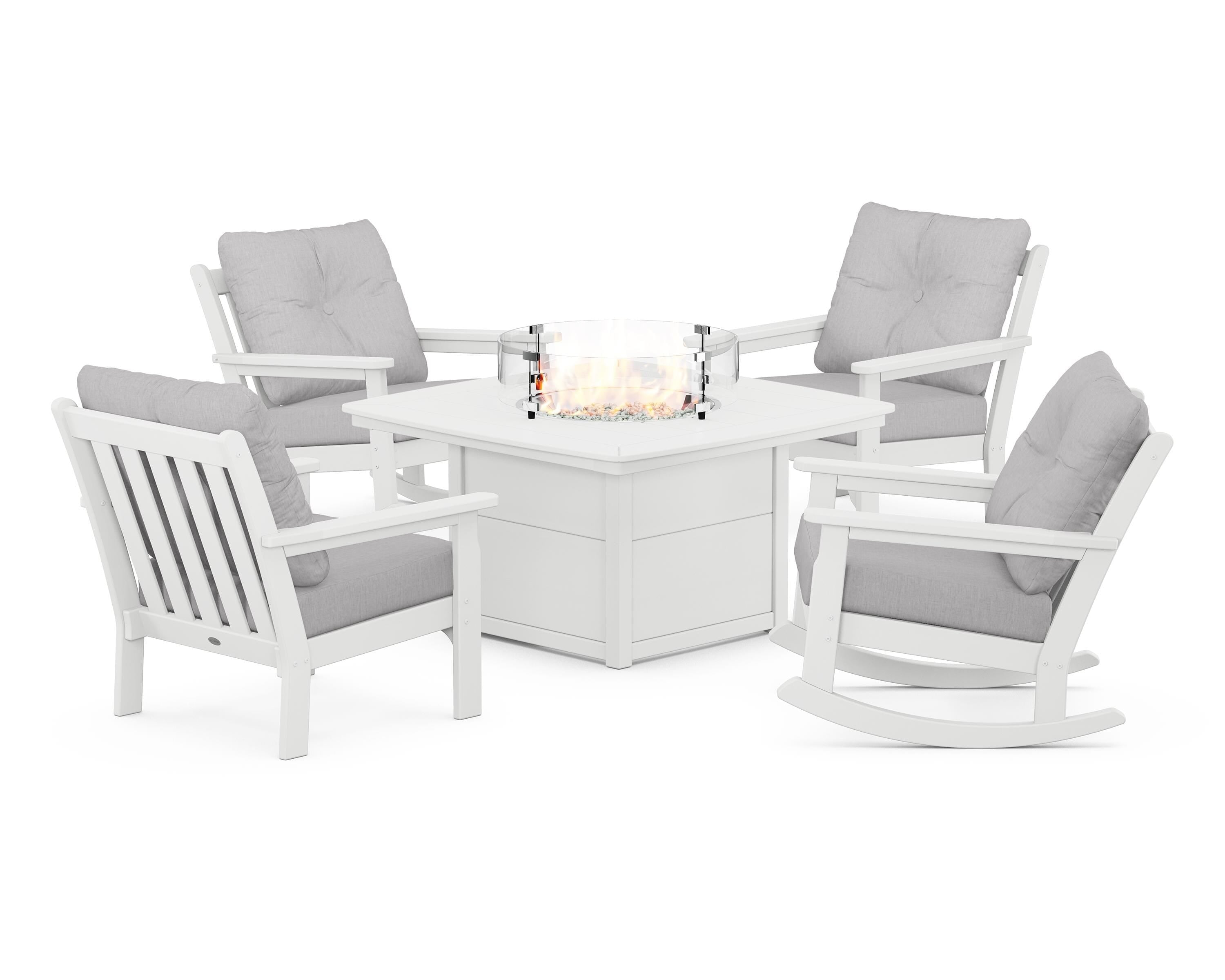 POLYWOOD Vineyard 5-Piece Deep Seating Rocking Chair Conversation Set with Fire Pit Table in White / Granite