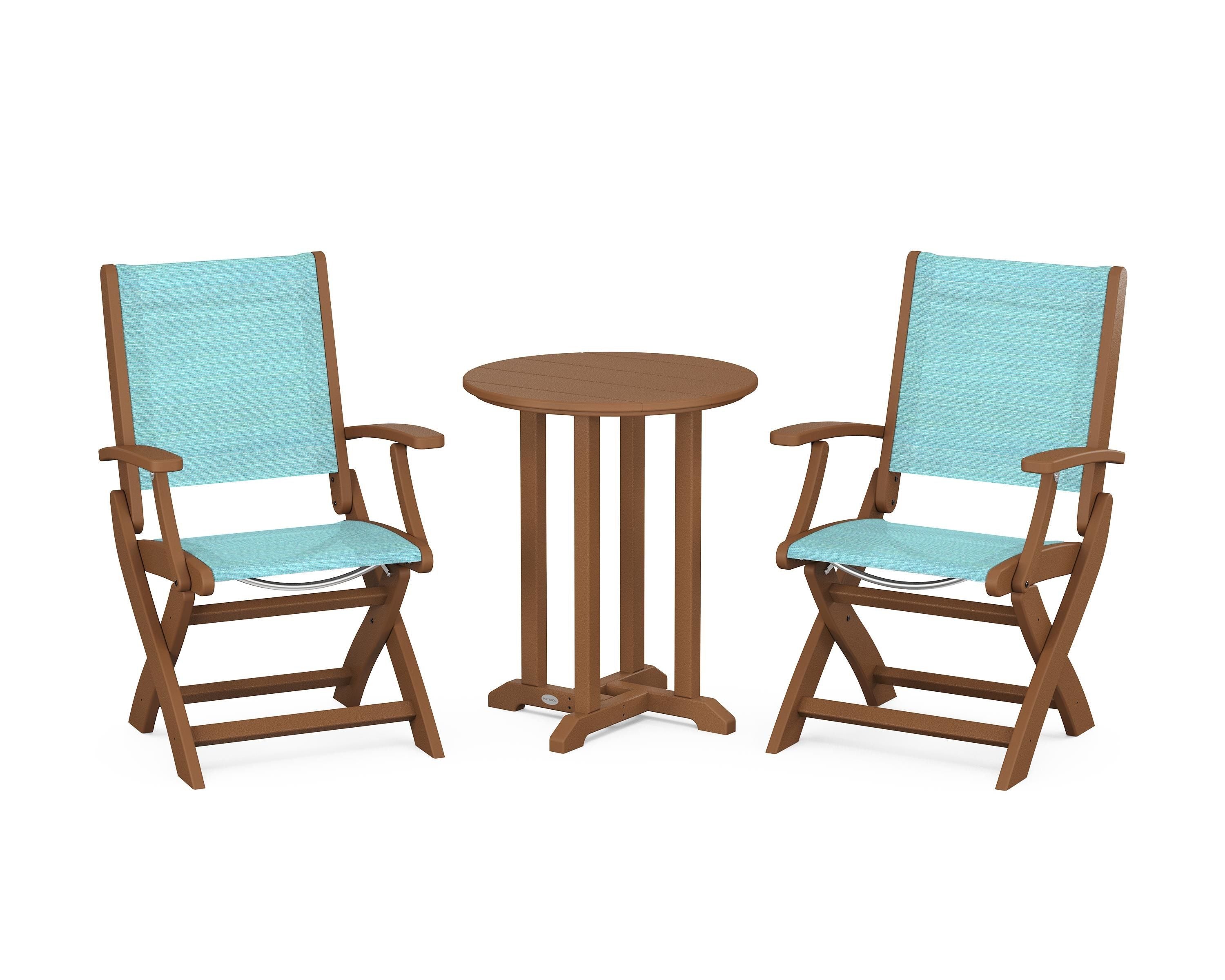 POLYWOOD Coastal Folding 3-Piece Round Bistro Dining Set in Teak / Dupioni Aquamarine Sling