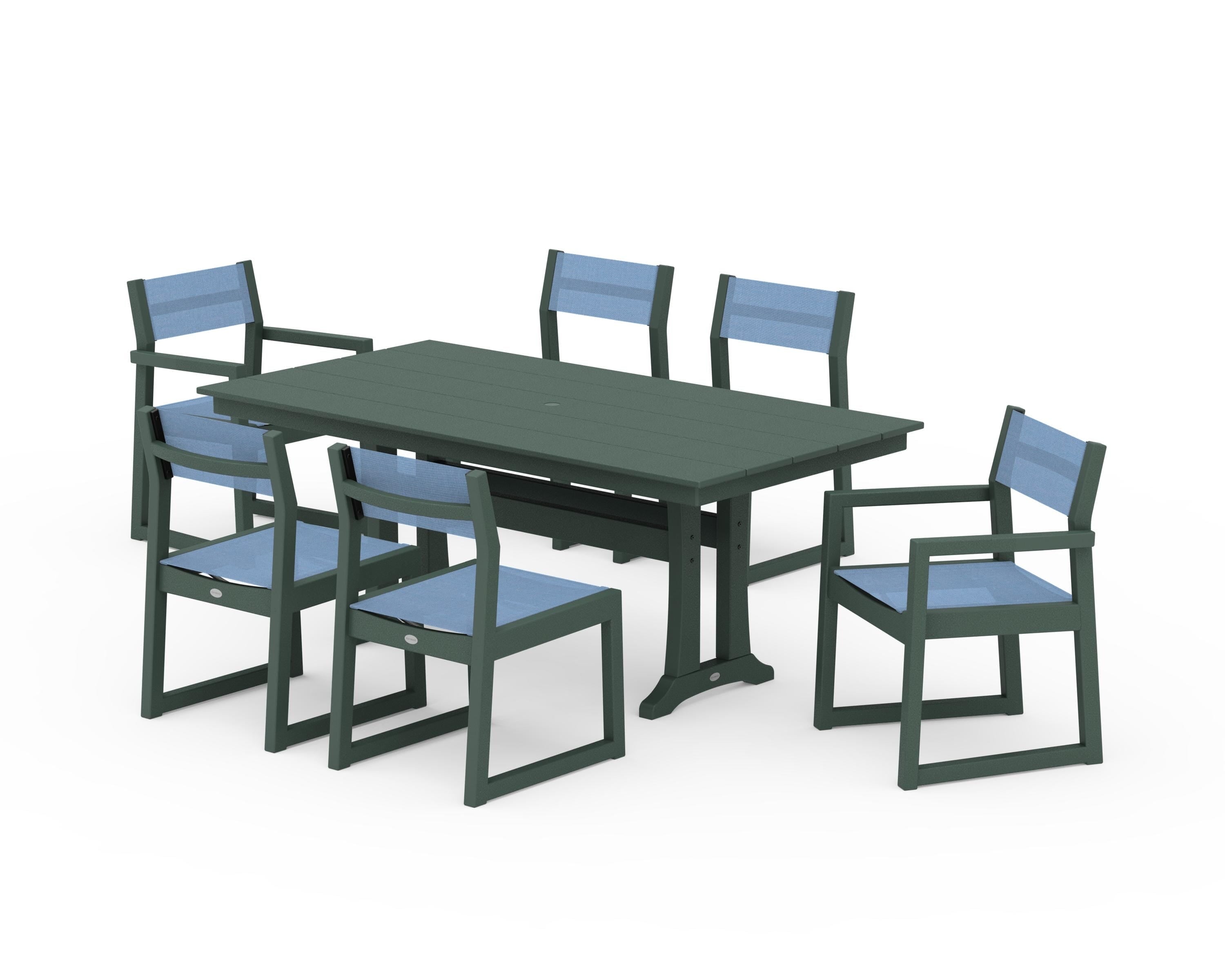 POLYWOOD EDGE Sling 7-Piece Farmhouse Trestle Dining Set in Green / Poolside Sling