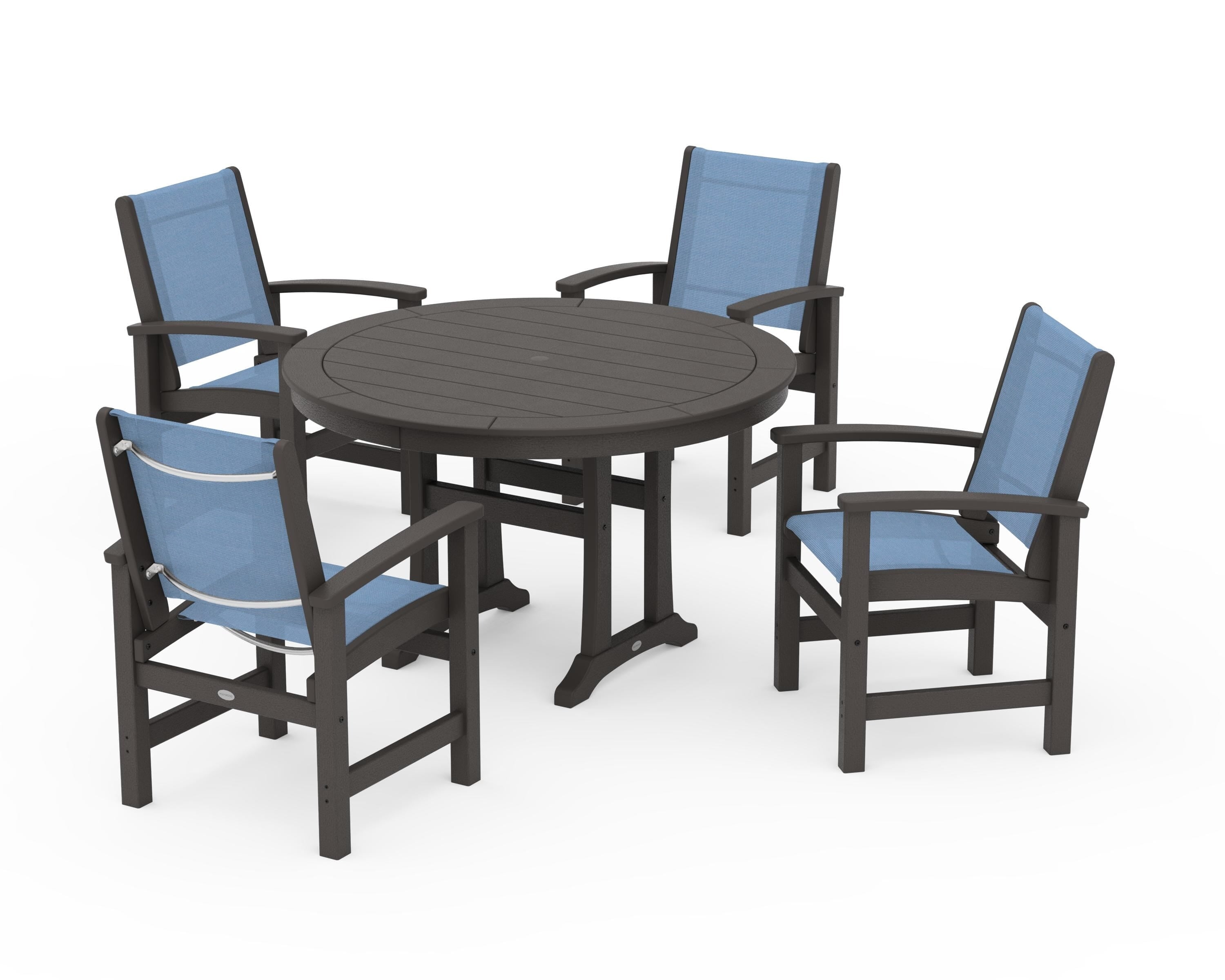 POLYWOOD Coastal 5-Piece Round Dining Set with Trestle Legs in Vintage Coffee / Poolside Sling
