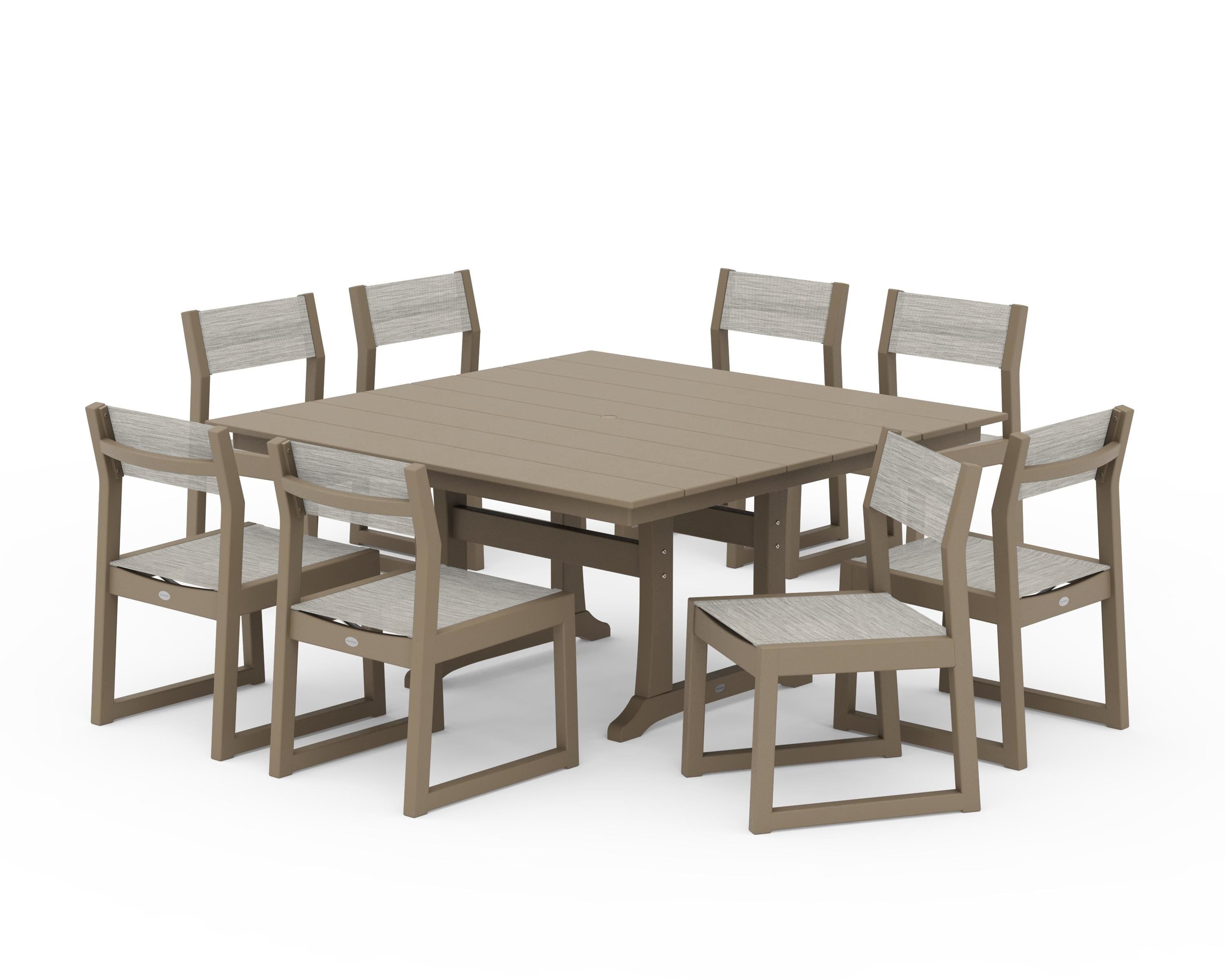 POLYWOOD EDGE Sling Side Chair 9-Piece Farmhouse Trestle Dining Set in Vintage Sahara / Birch Sling