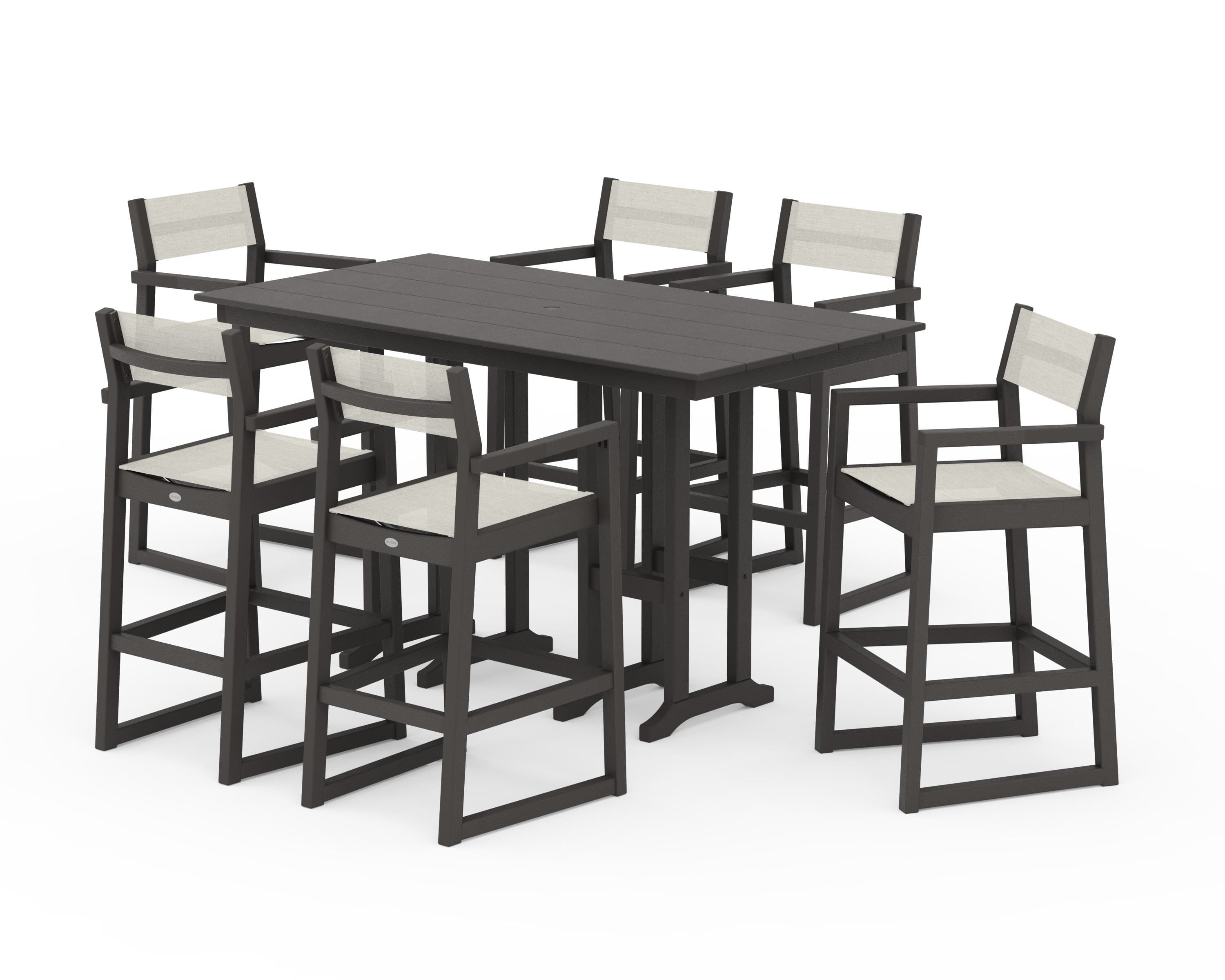 POLYWOOD EDGE Sling Arm Chair 7-Piece Farmhouse Bar Set in Vintage Coffee / Parchment Sling
