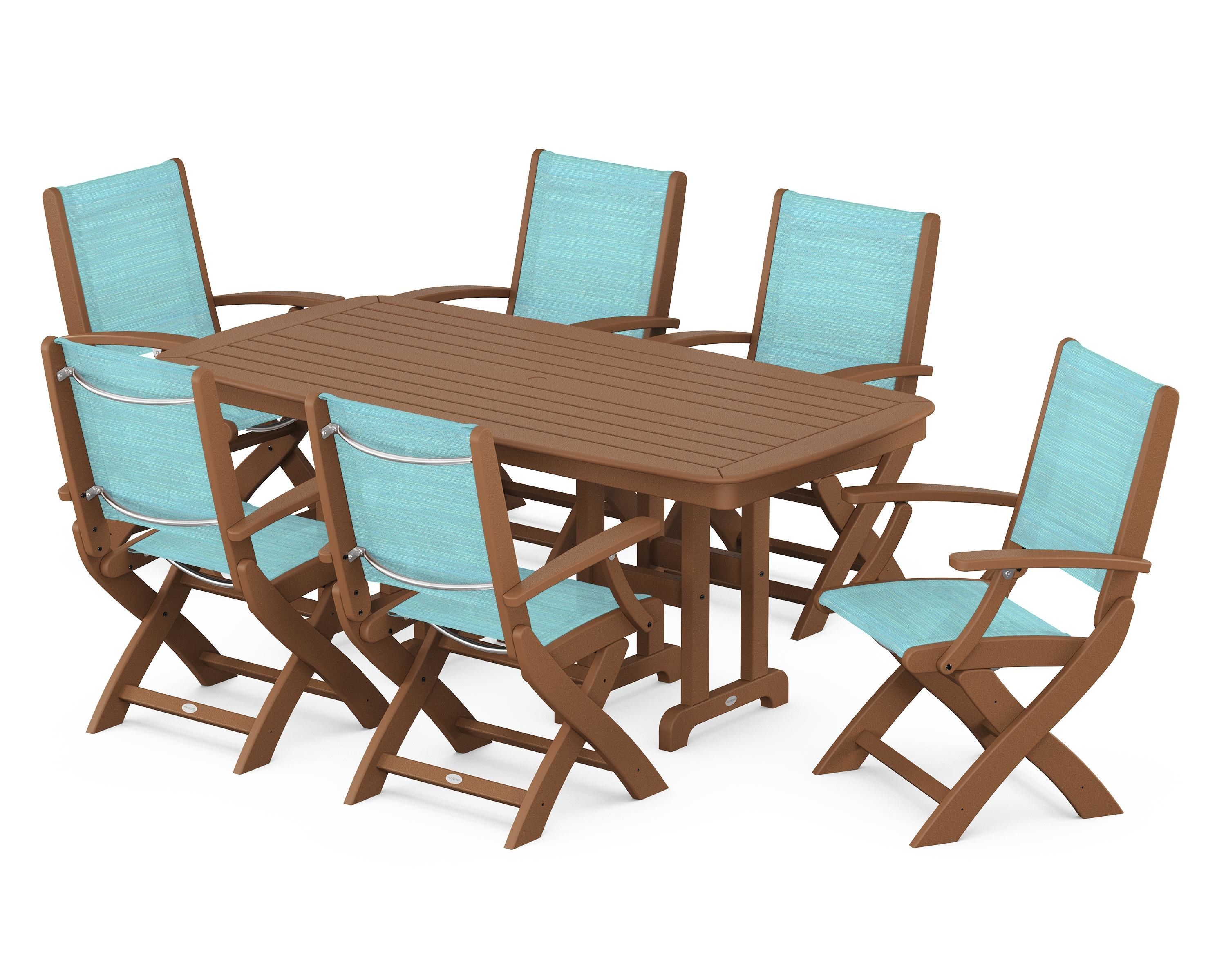 POLYWOOD Coastal Folding Arm Chair 7-Piece Dining Set in Teak / Dupioni Aquamarine Sling