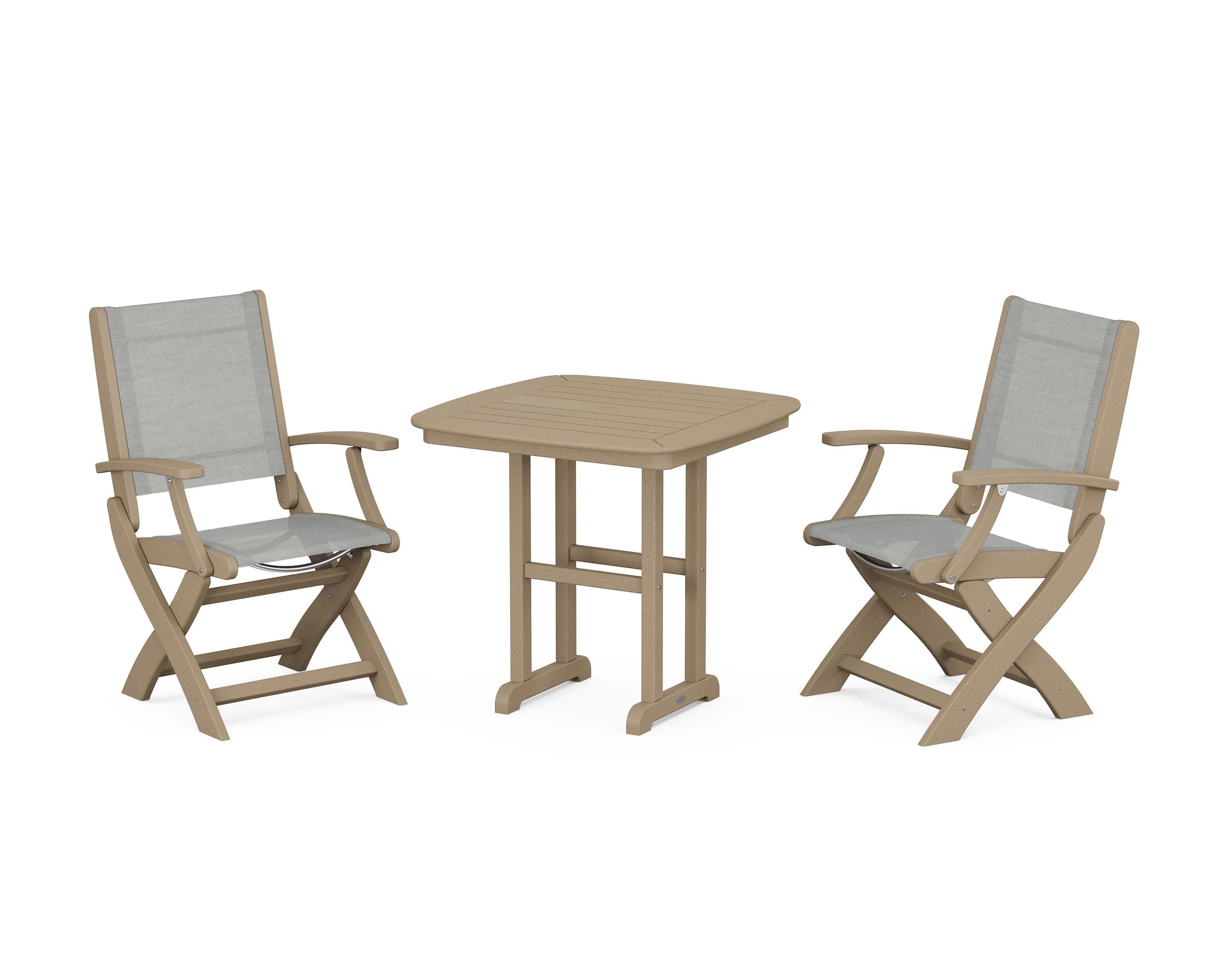 POLYWOOD Coastal Folding Chair 3-Piece Dining Set in Vintage Sahara / Metallic Sling