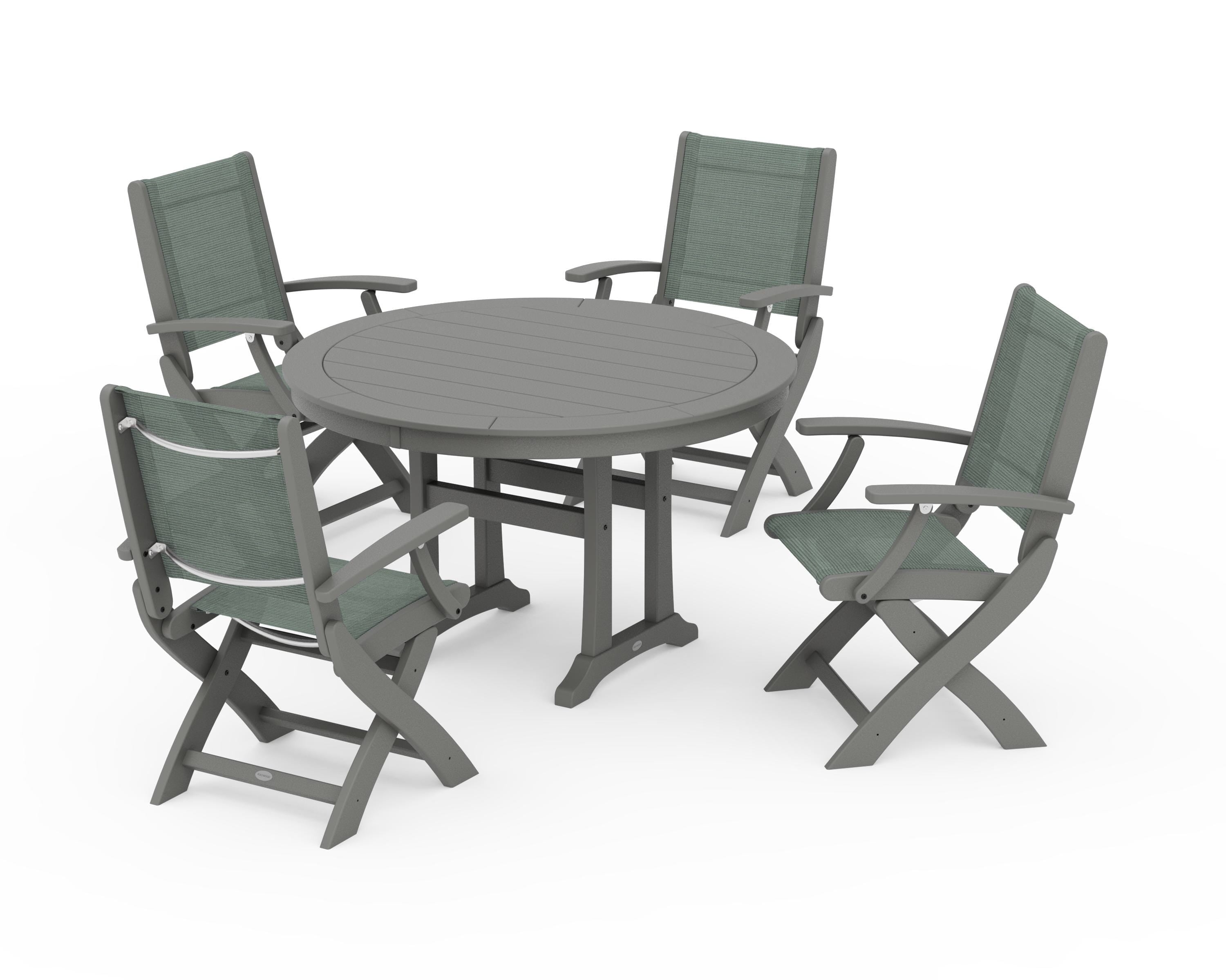 POLYWOOD Coastal Folding Chair 5-Piece Round Dining Set with Trestle Legs in Slate Grey / Dupioni Sea Mist Sling