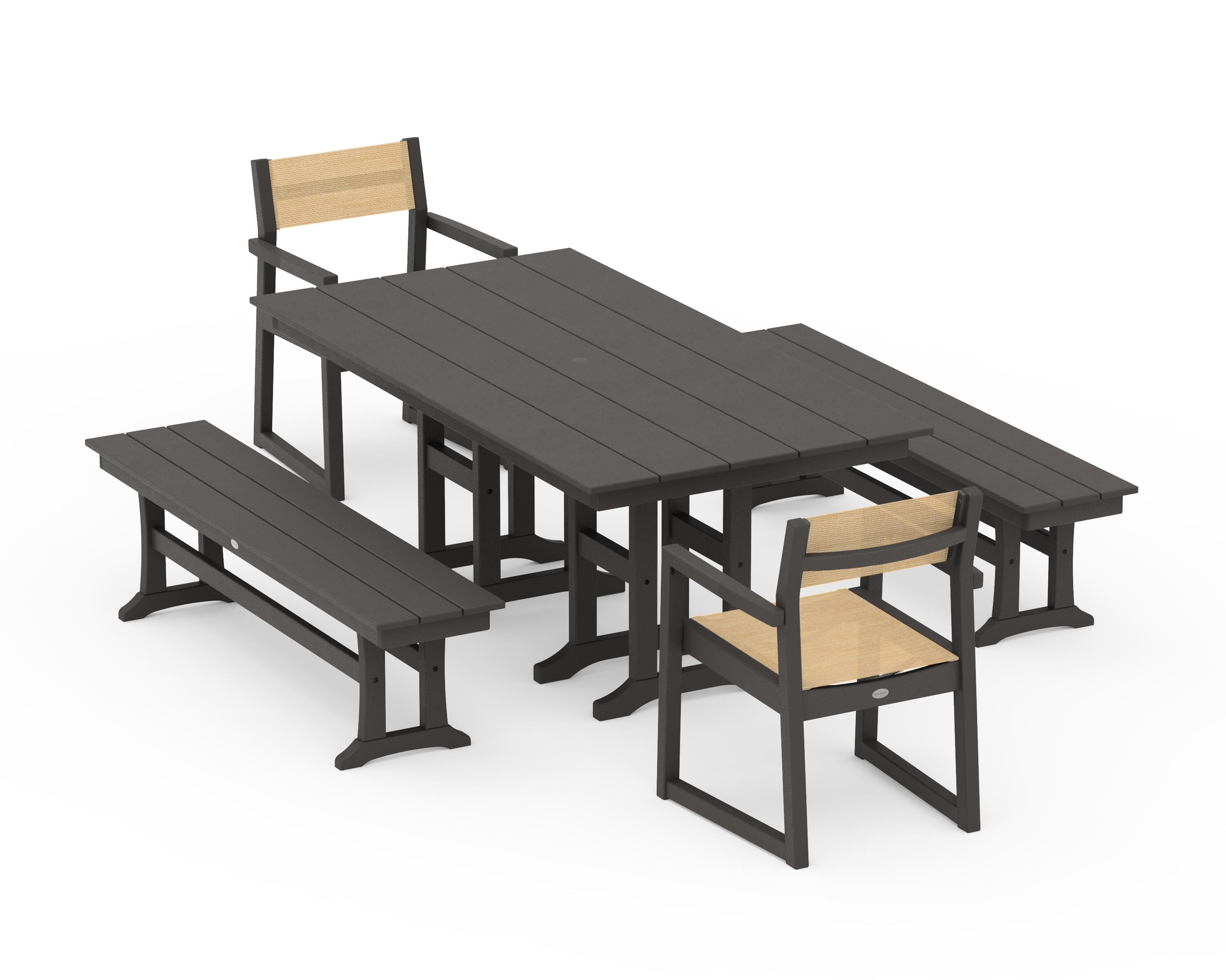 POLYWOOD EDGE Sling Arm Chair 5-Piece Farmhouse Dining Set with Benches in Vintage Coffee / Dupioni Apricot Sling