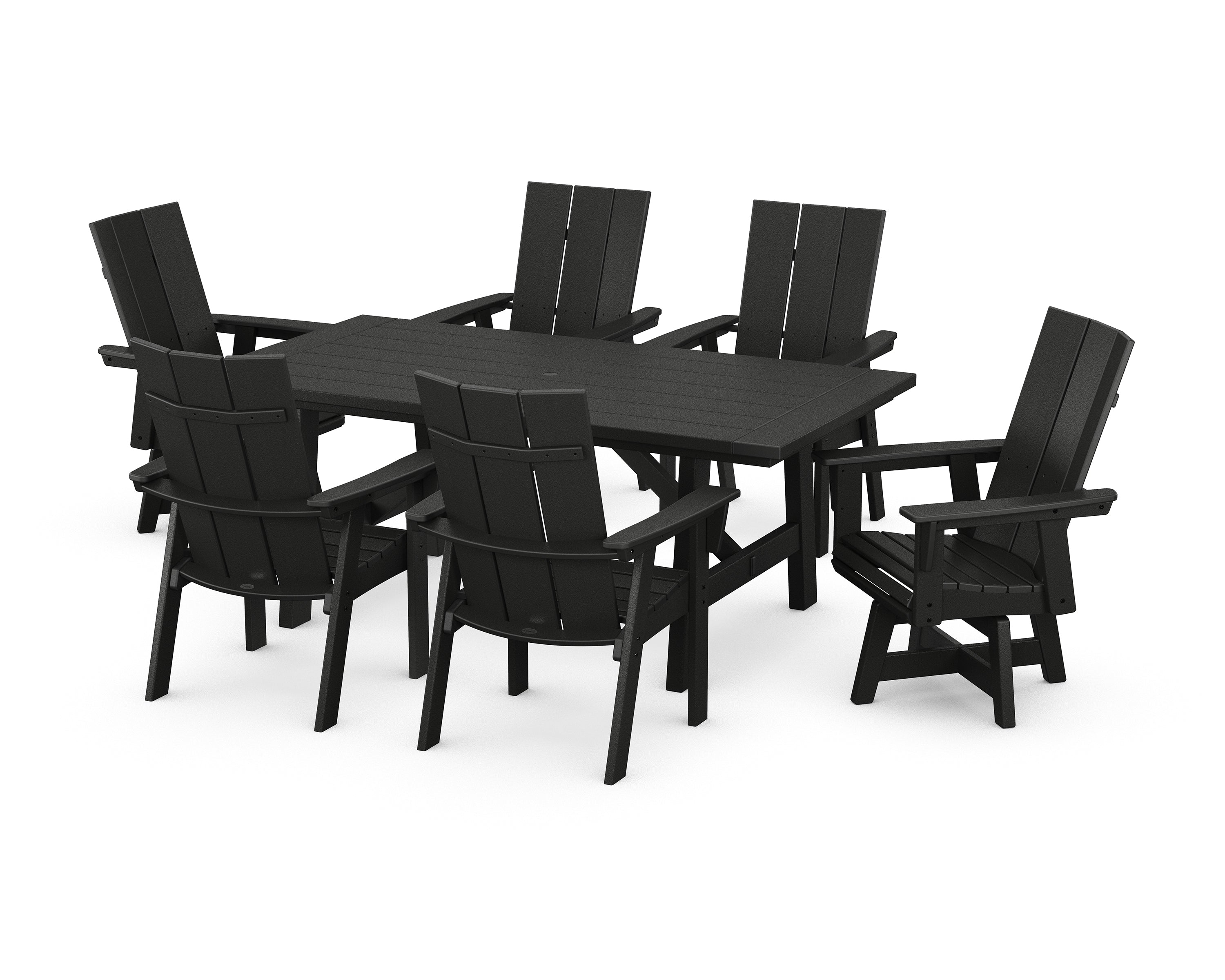 POLYWOOD® Modern Curveback Adirondack 7-Piece Rustic Farmhouse Swivel Dining Set in Black