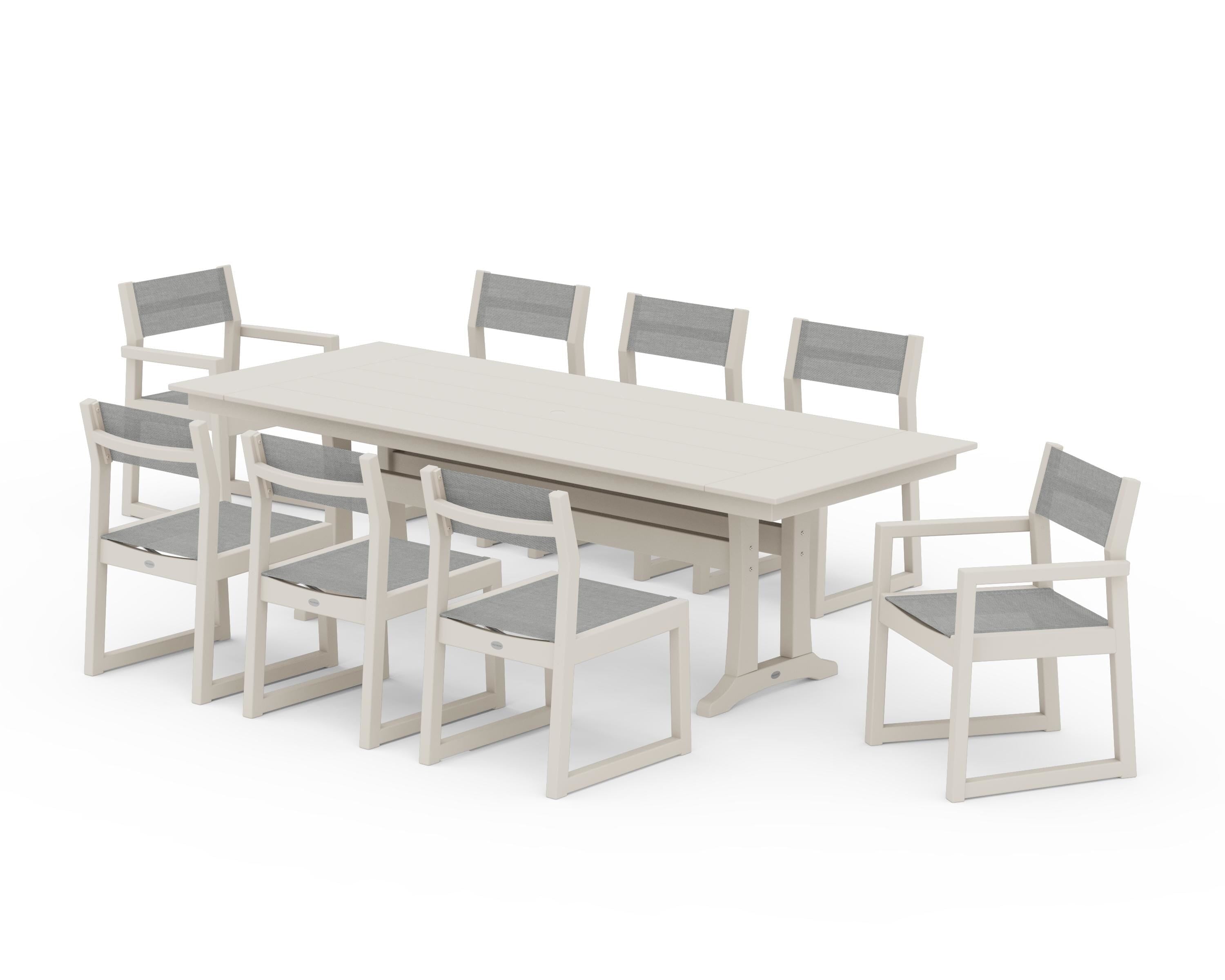 POLYWOOD EDGE Sling 9-Piece Farmhouse Trestle Dining Set in Sand / Metallic Sling