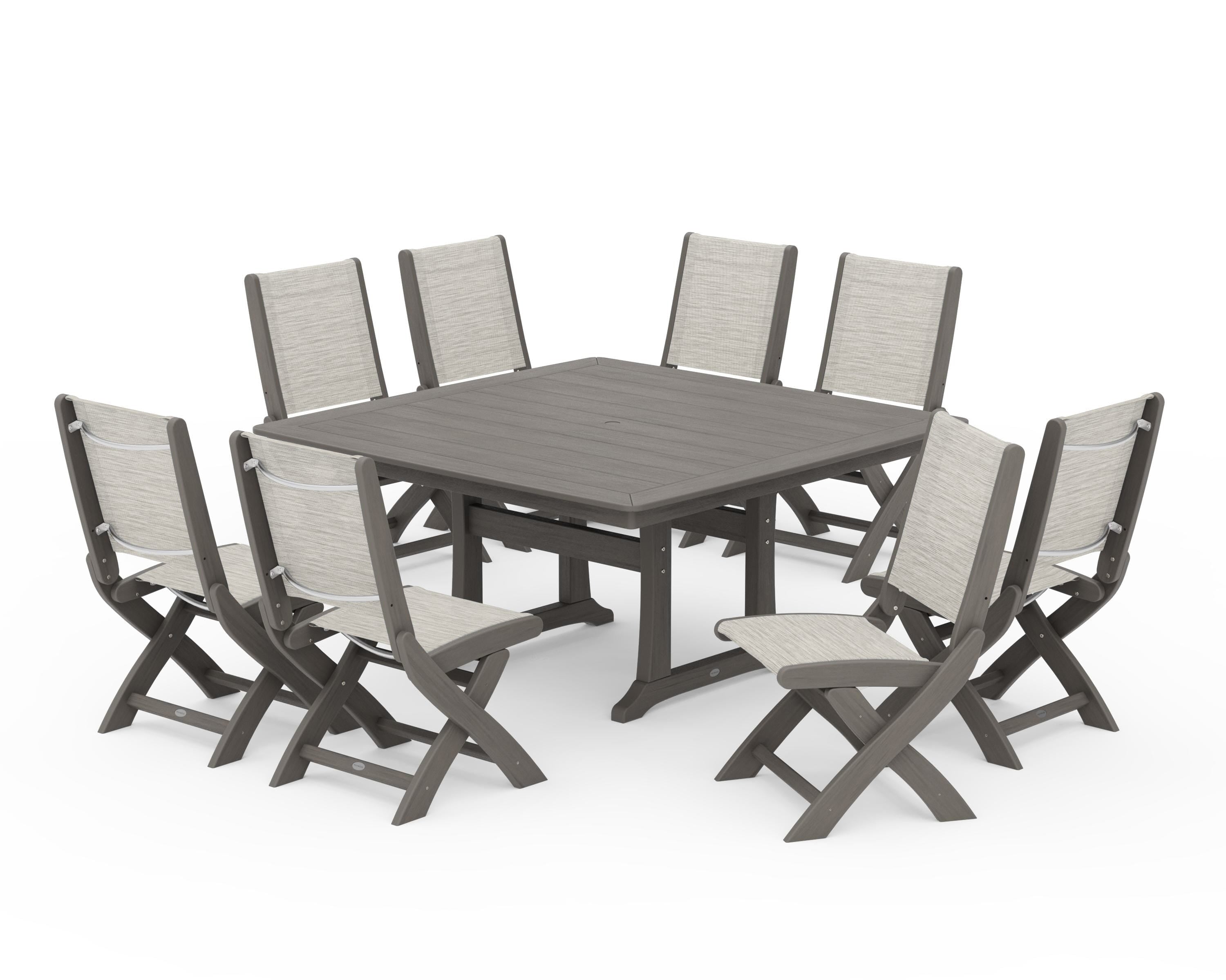 POLYWOOD Coastal Folding Side Chair 9-Piece Dining Set with Trestle Legs in Driftwood / Birch Sling