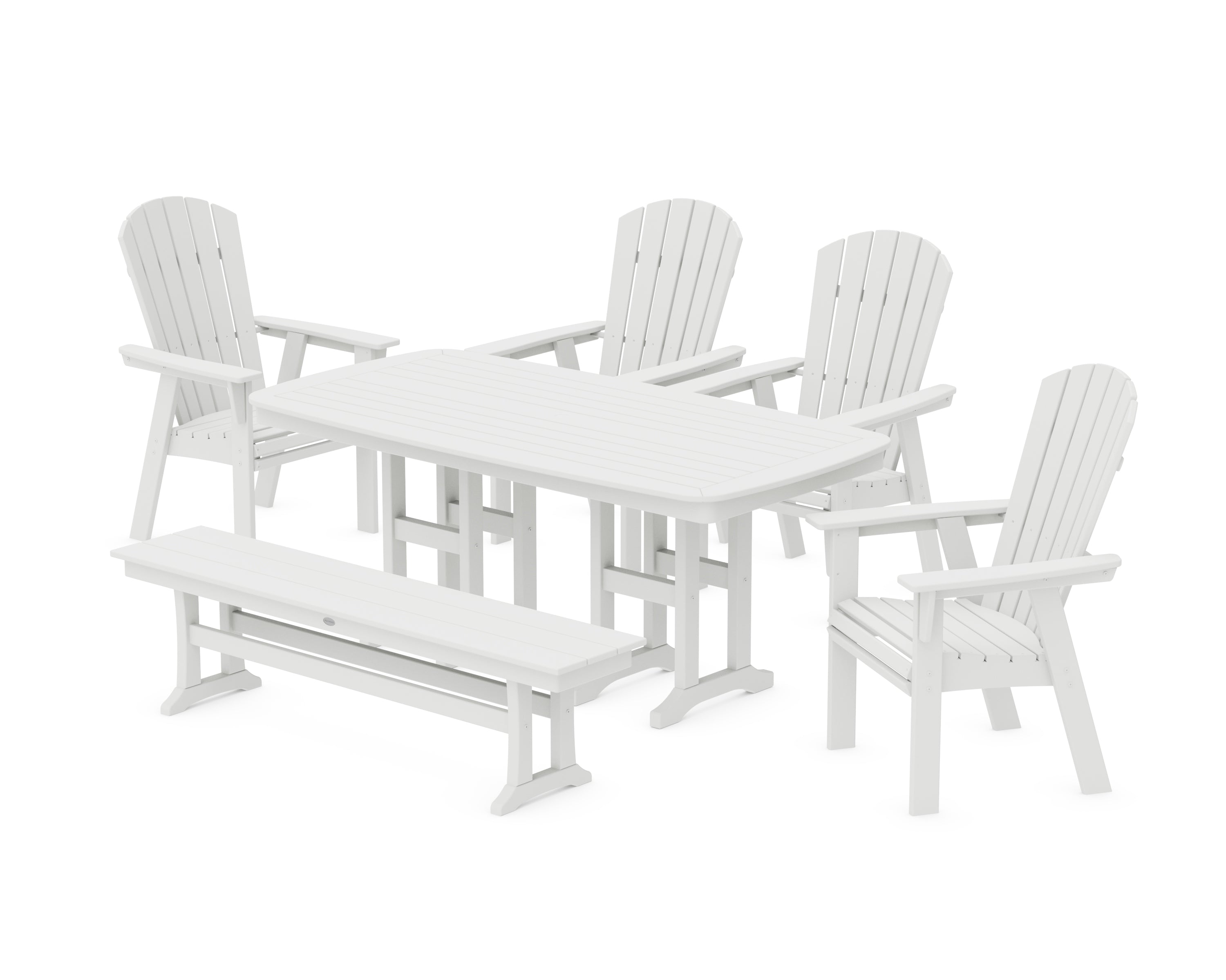 POLYWOOD Nautical Curveback Adirondack 6-Piece Dining Set with Bench in White