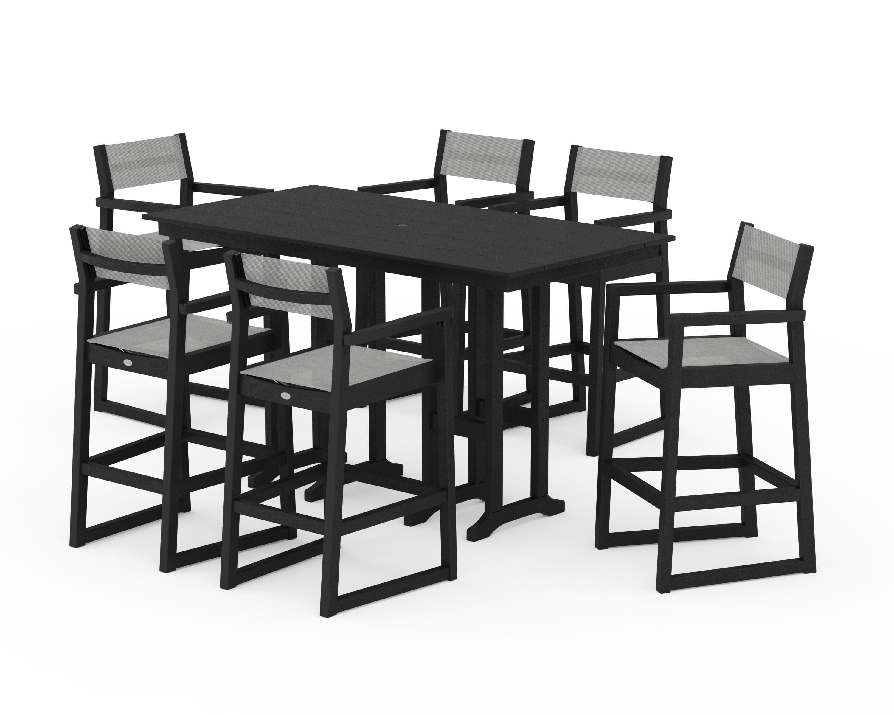 POLYWOOD EDGE Sling Arm Chair 7-Piece Farmhouse Bar Set in Black / Metallic Sling