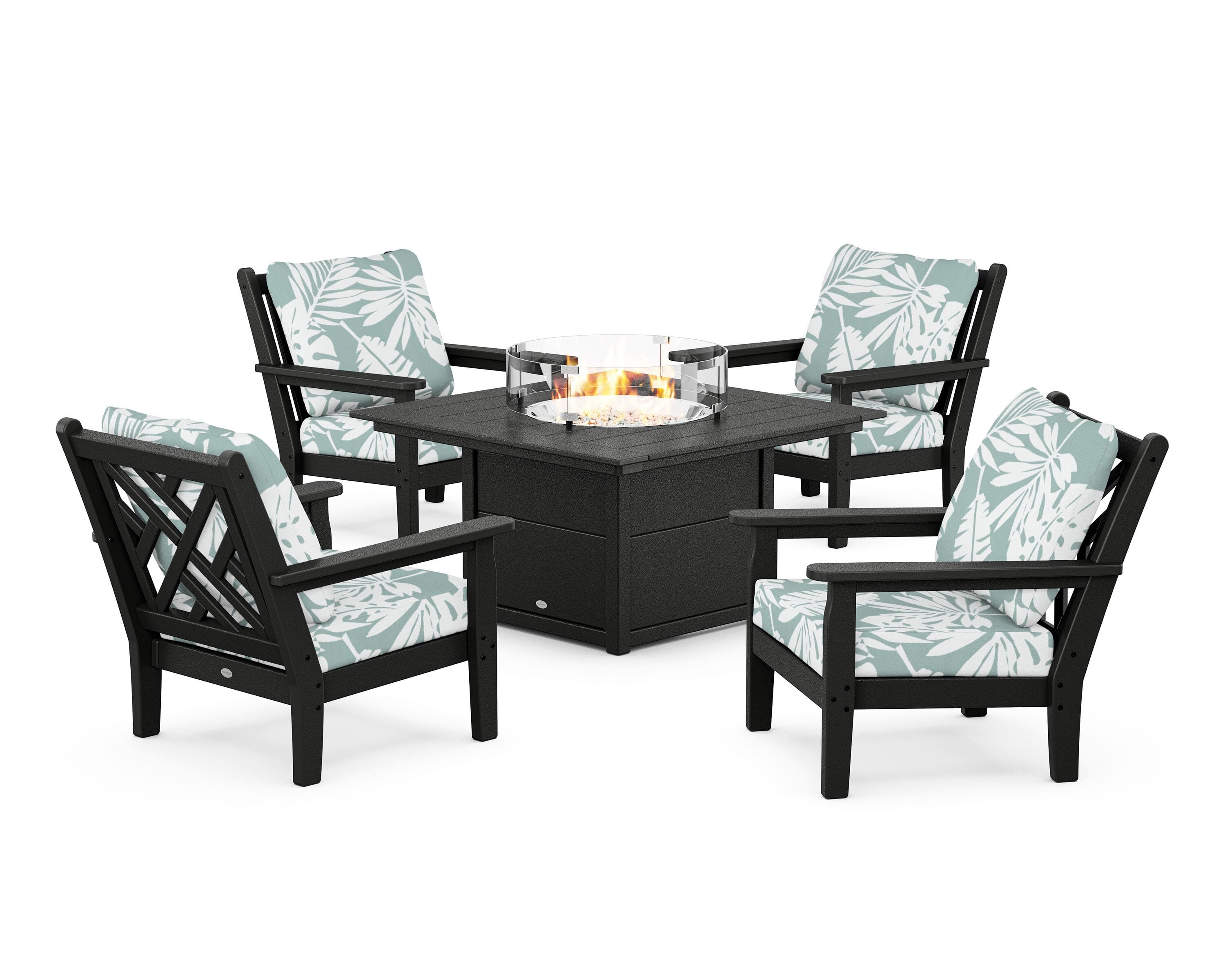 POLYWOOD Chippendale 5-Piece Deep Seating Set with Fire Pit Table in Black / Leaf Glacier Spa