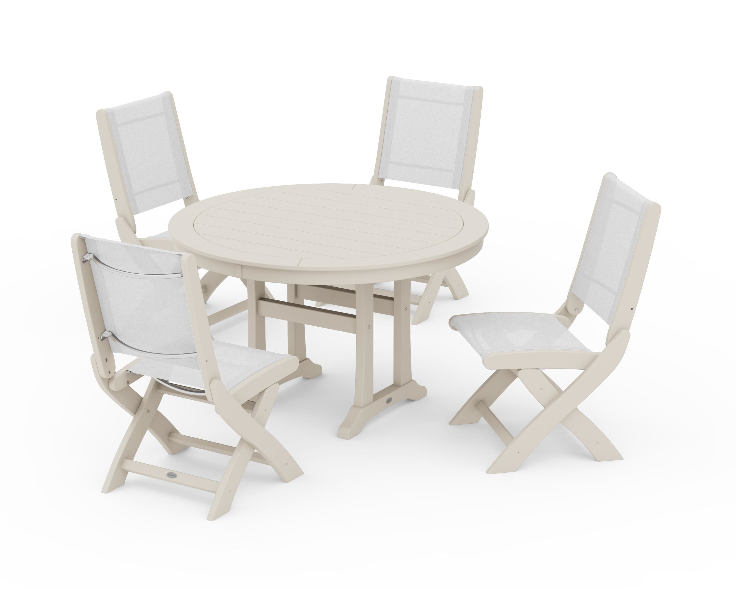 POLYWOOD Coastal Folding Side Chair 5-Piece Round Dining Set With Trestle Legs in Sand / White Sling