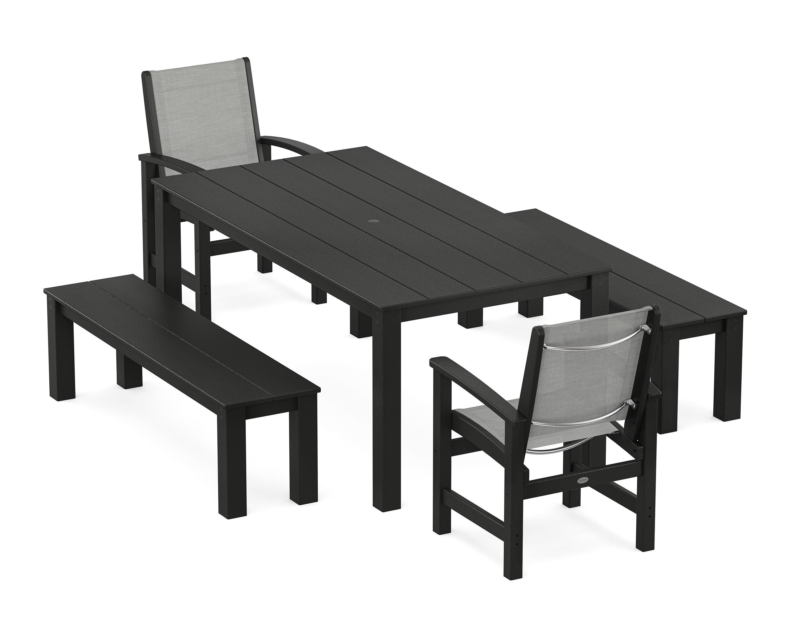 POLYWOOD Coastal 5-Piece Parsons Dining Set with Benches in Black / Metallic Sling