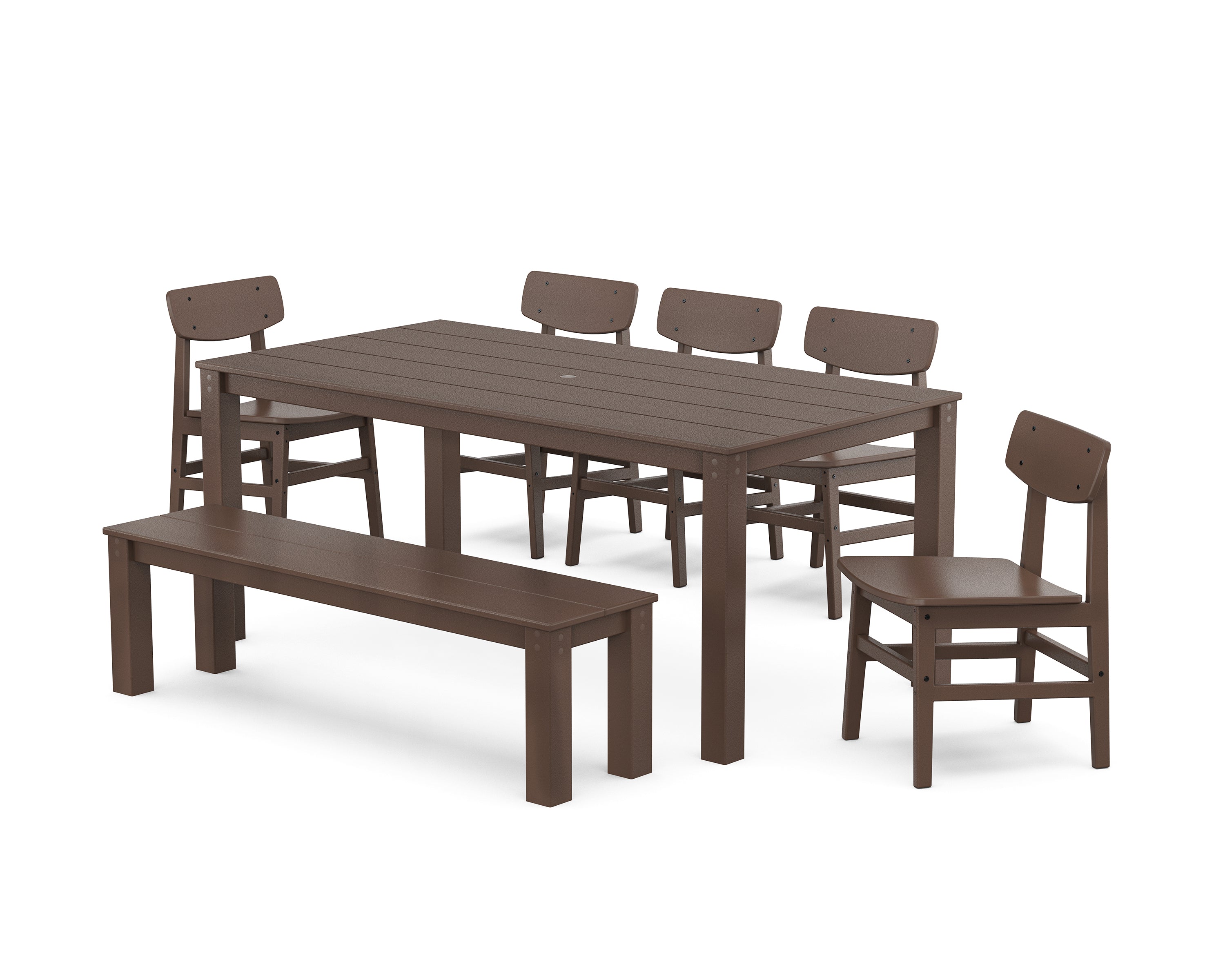 POLYWOOD® Modern Studio Urban Chair 7-Piece Parsons Dining Set with Bench in Mahogany