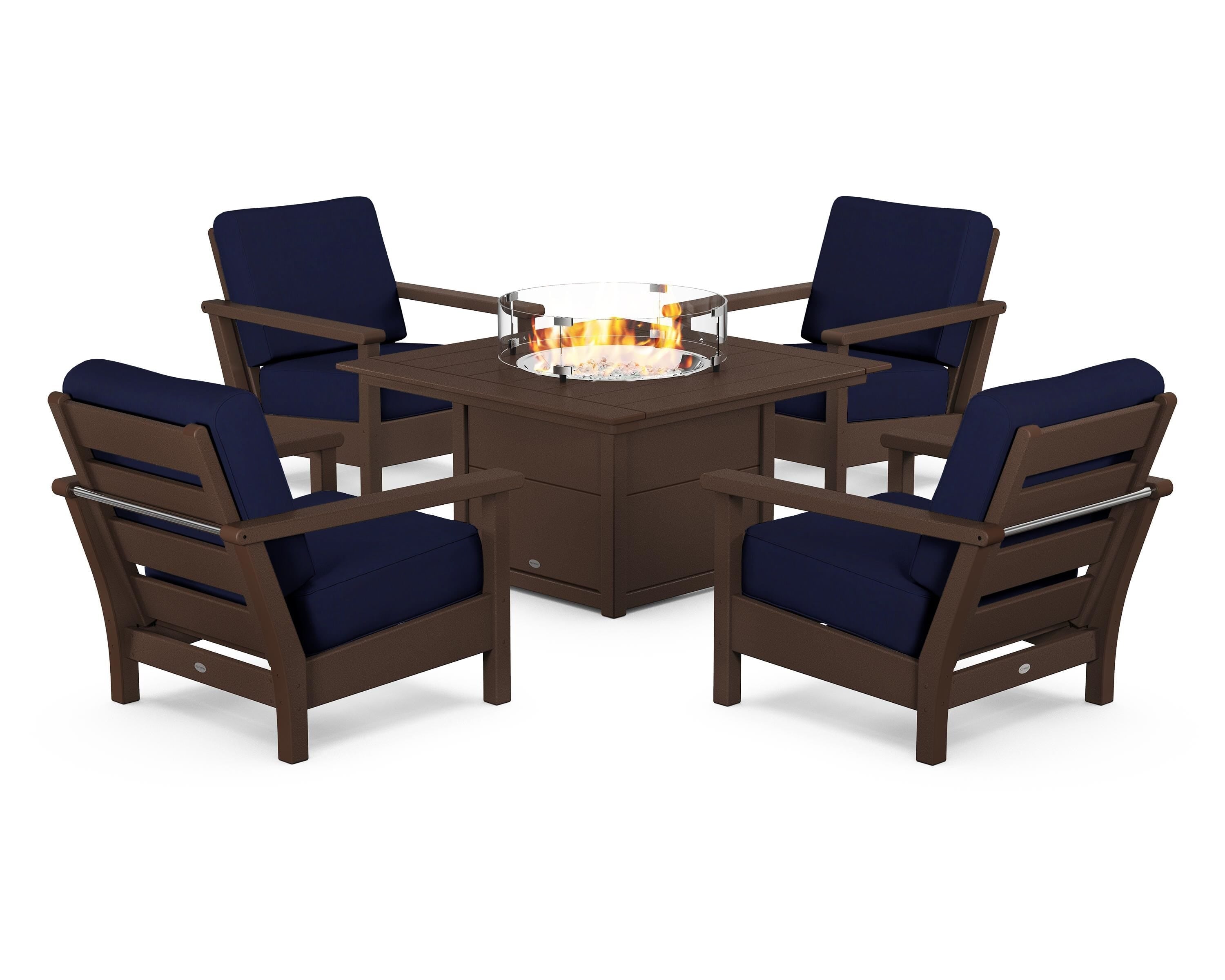 POLYWOOD Harbour 5-Piece Conversation Set with Fire Pit Table in Mahogany / Navy