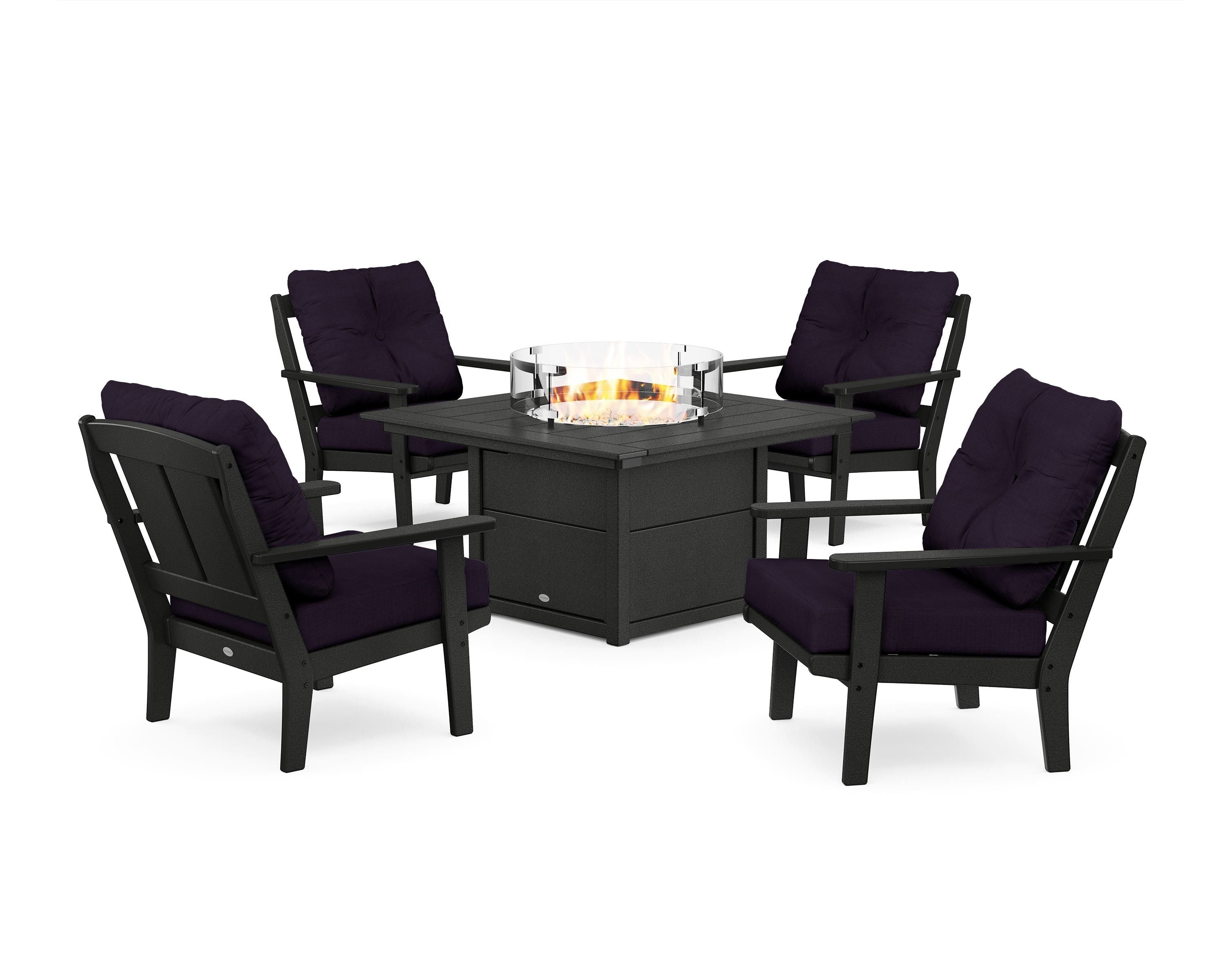POLYWOOD Mission 5-Piece Deep Seating Set with Fire Pit Table in Black / Navy Linen