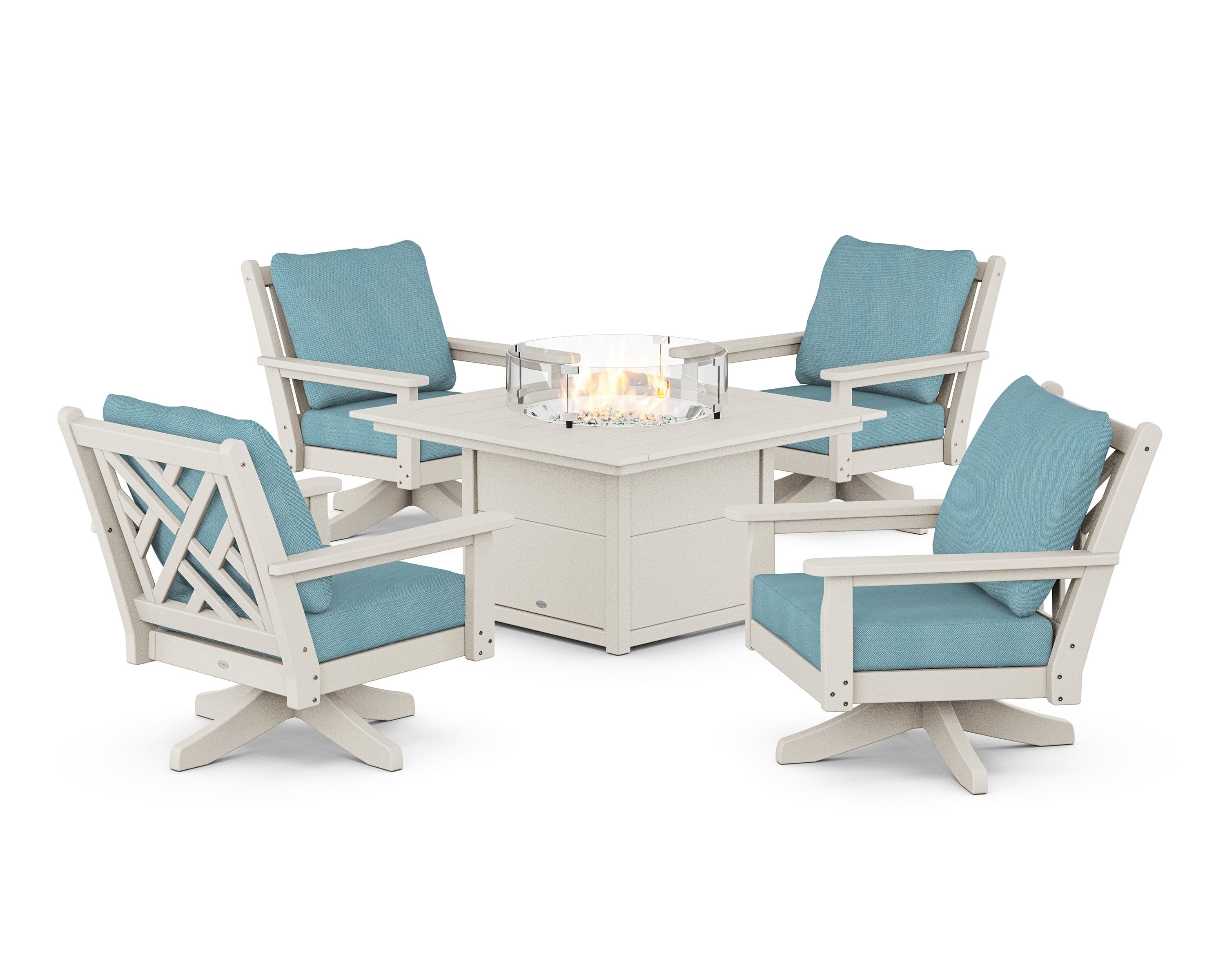 POLYWOOD Chippendale 5-Piece Deep Seating Swivel Conversation Set with Fire Pit Table in Sand / Lattice Sky Blue