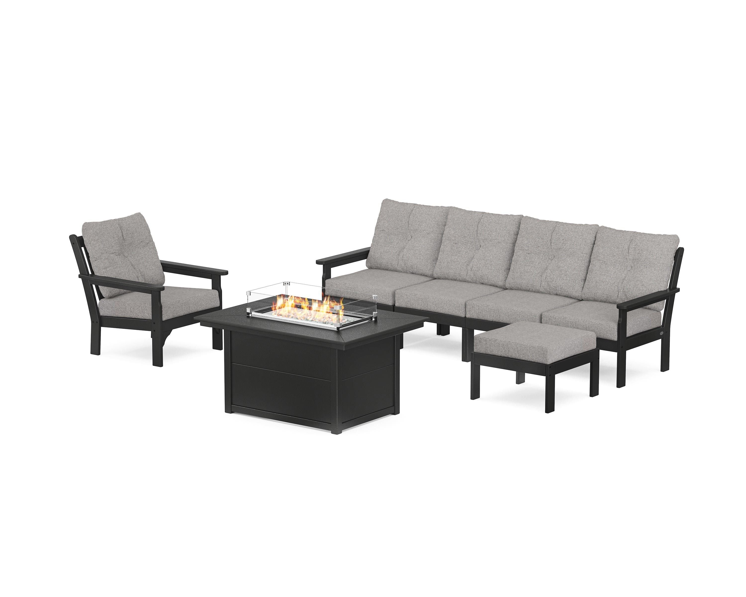 POLYWOOD Vineyard Sectional Lounge and Fire Pit Set in Black / Grey Mist