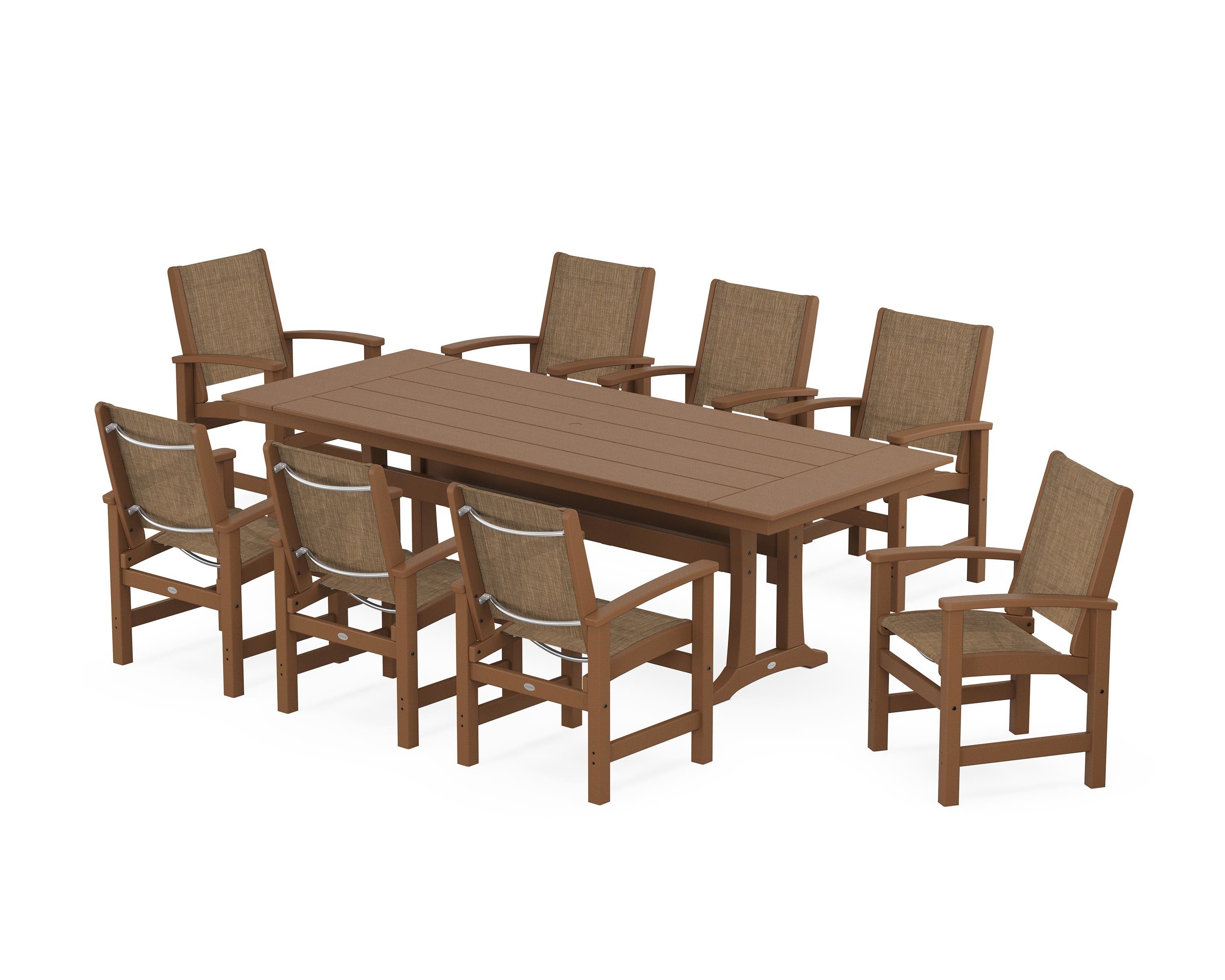 POLYWOOD Coastal 9-Piece Farmhouse Dining Set with Trestle Legs in Teak / Burlap Sling