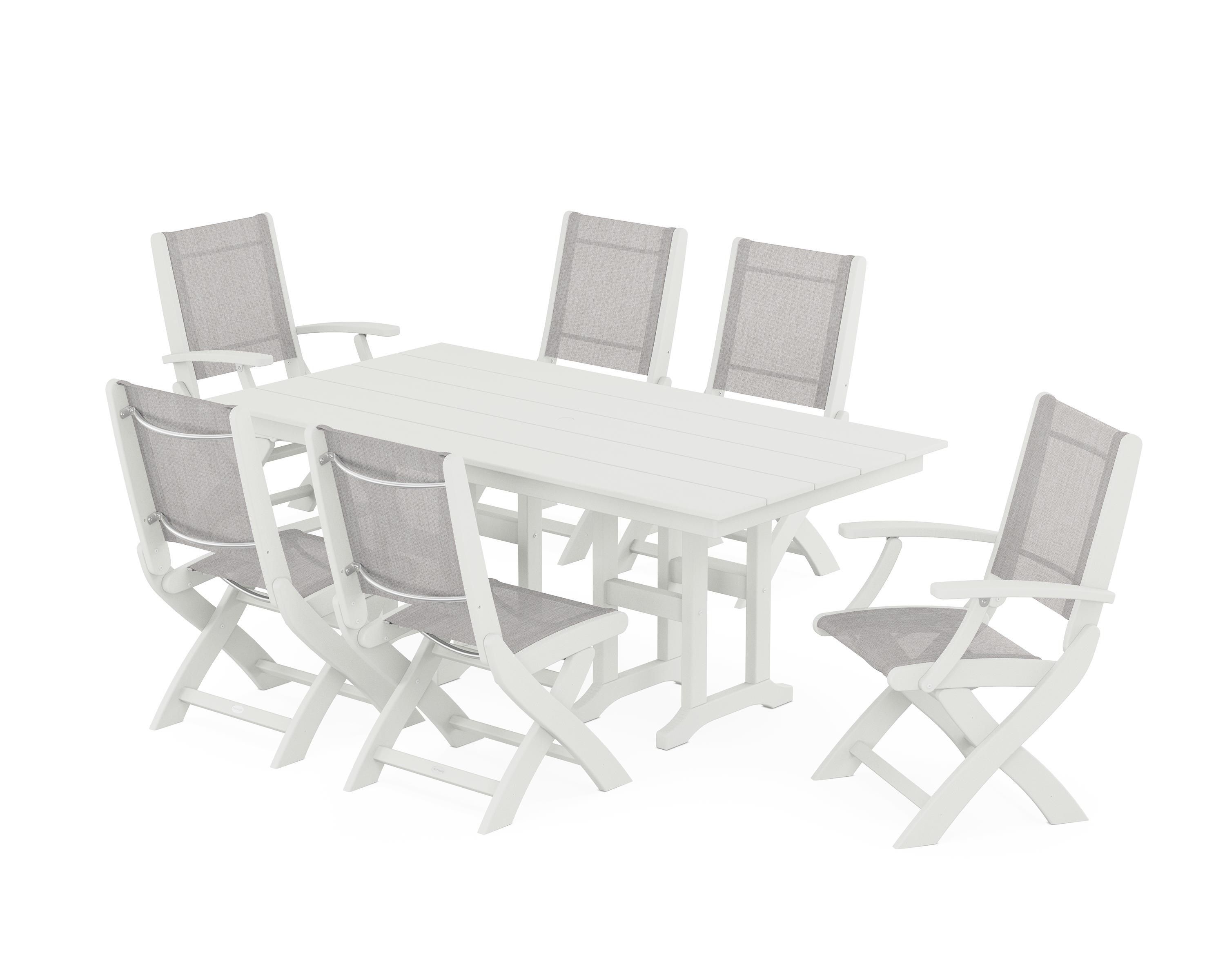 POLYWOOD Coastal Folding Chair 7-Piece Farmhouse Dining Set in Vintage White / Parchment Sling