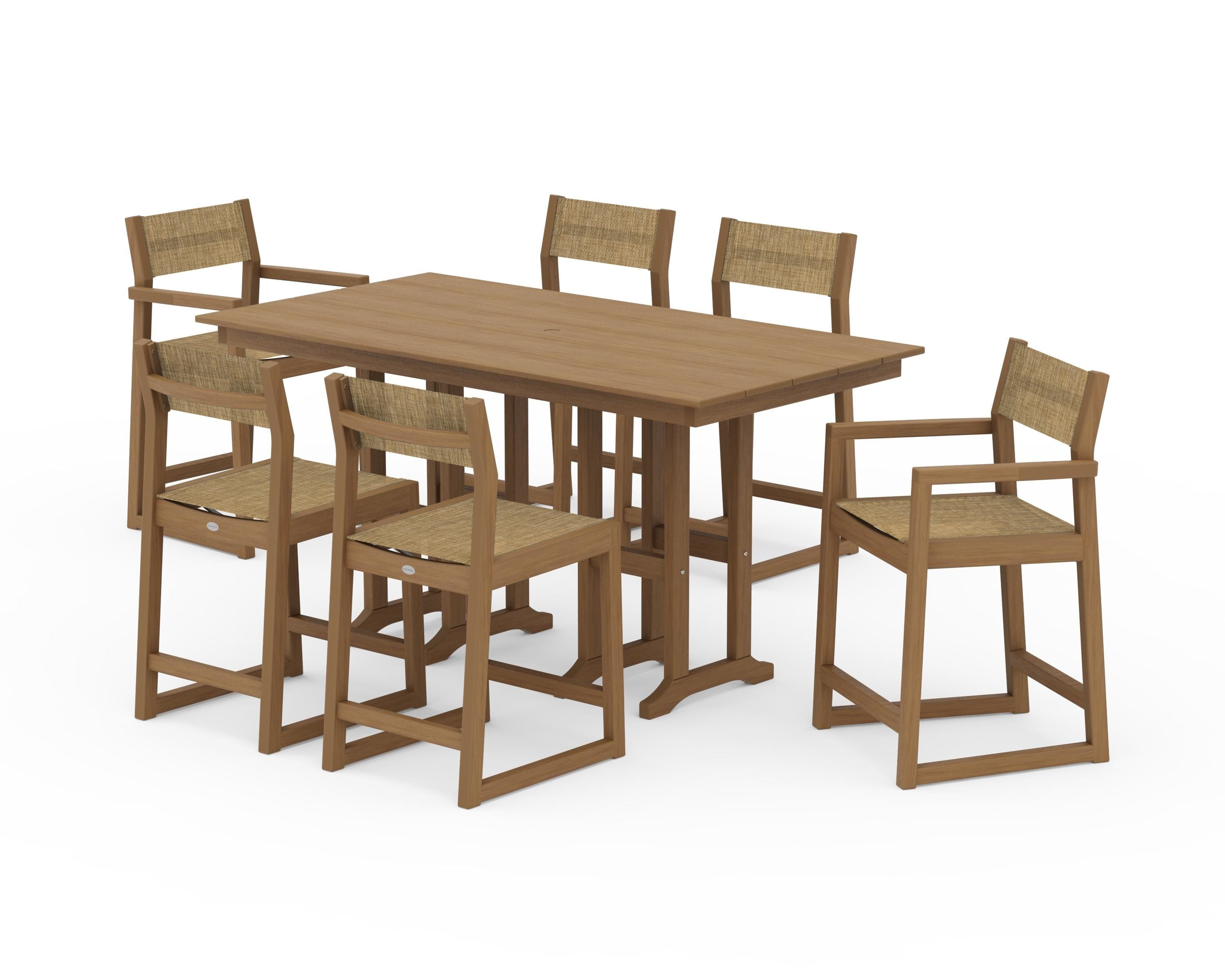 POLYWOOD EDGE Sling 7-Piece Farmhouse Counter Set with Trestle Legs in Natural / Burlap Sling