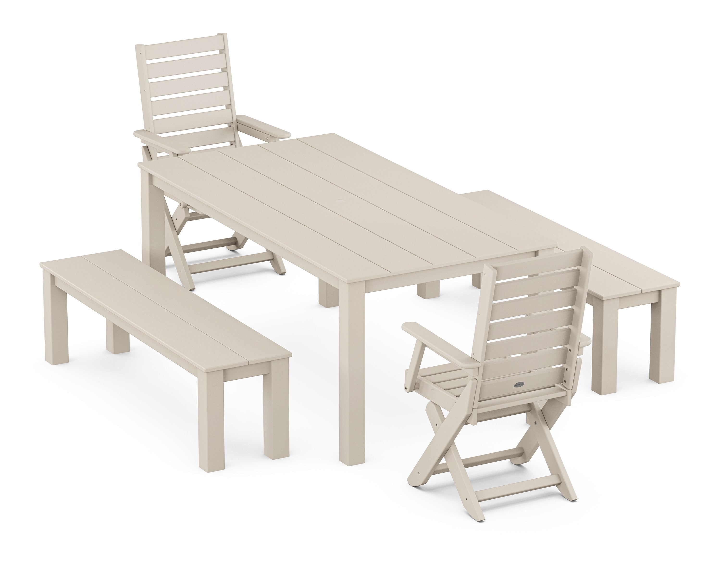 POLYWOOD® Captain Folding Chair 5-Piece Parsons Dining Set with Benches in Sand