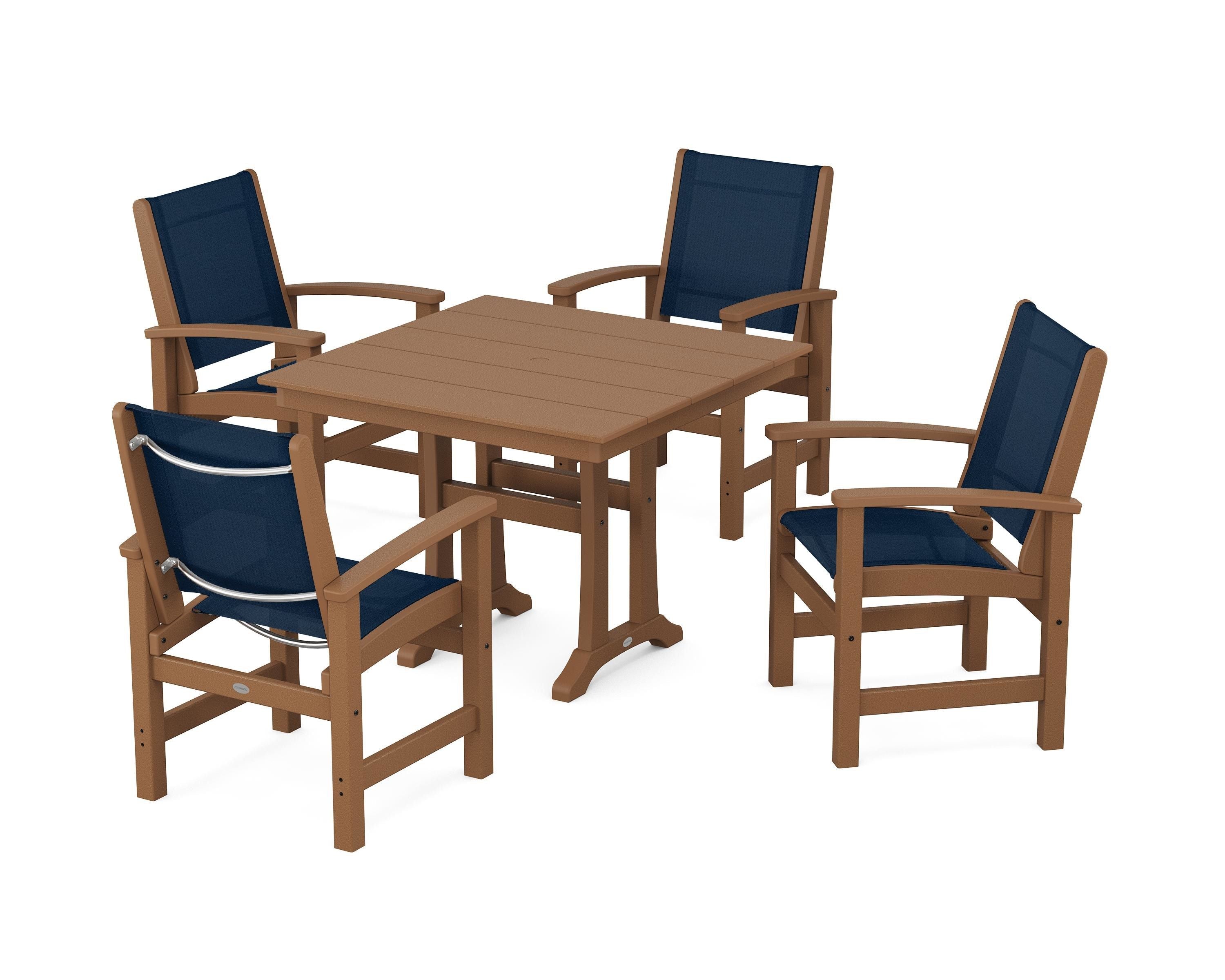 POLYWOOD Coastal 5-Piece Farmhouse Dining Set With Trestle Legs in Teak / Navy Blue Sling