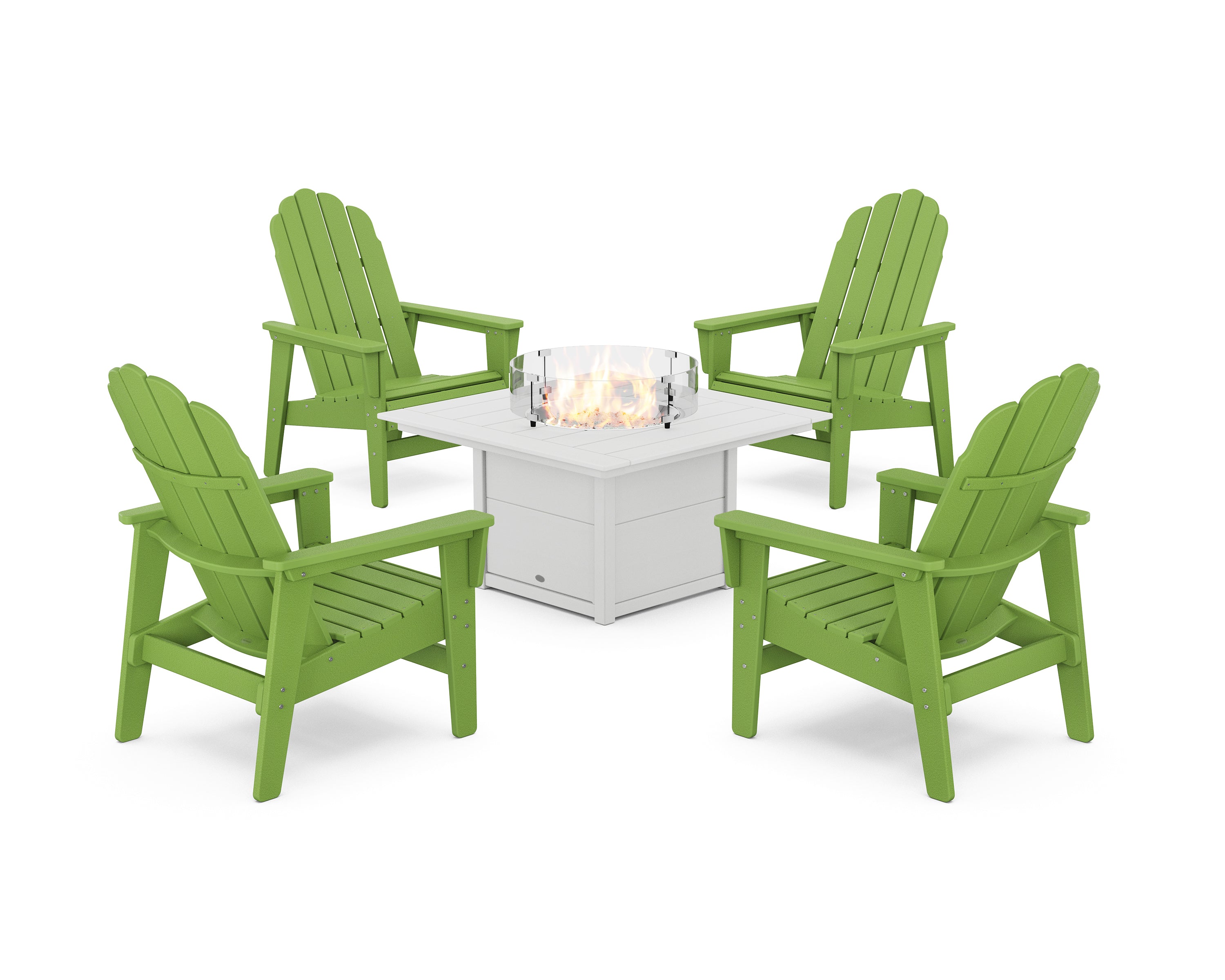 POLYWOOD® 5-Piece Vineyard Grand Upright Adirondack Conversation Set with Fire Pit Table in Lime / White