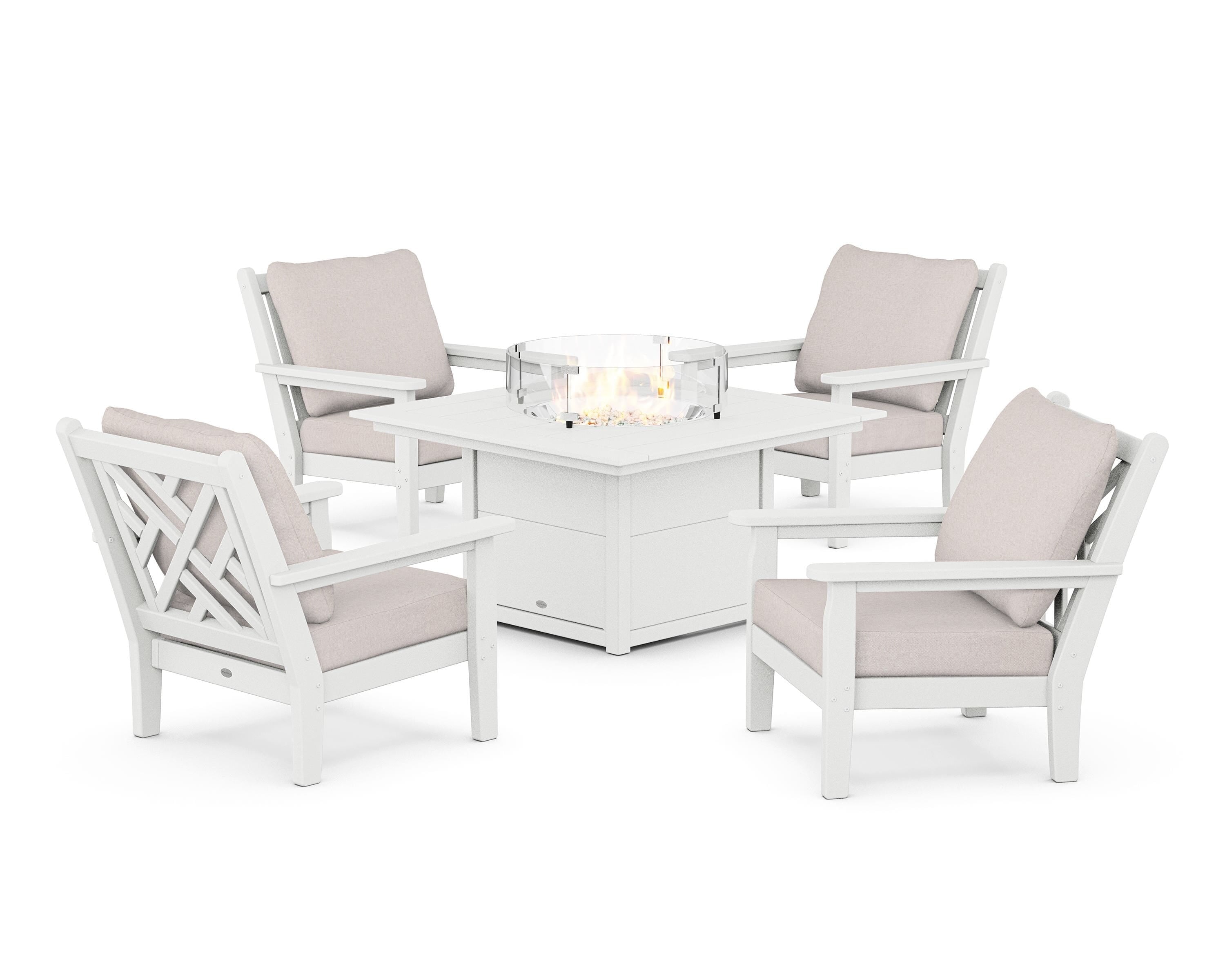 POLYWOOD Chippendale 5-Piece Deep Seating Set with Fire Pit Table in White / Dune Burlap