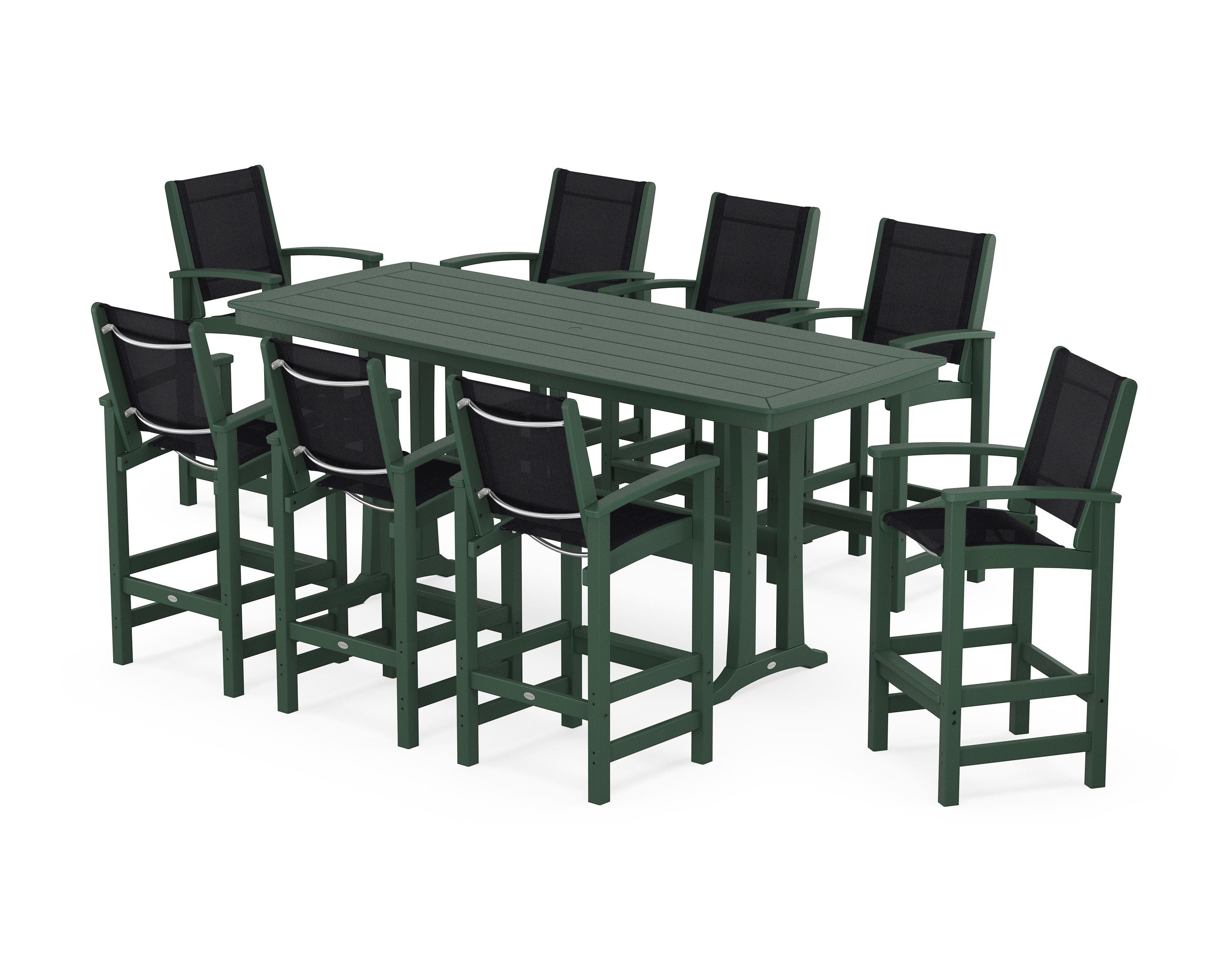 POLYWOOD Coastal 9-Piece Bar Set with Trestle Legs in Green / Black Sling