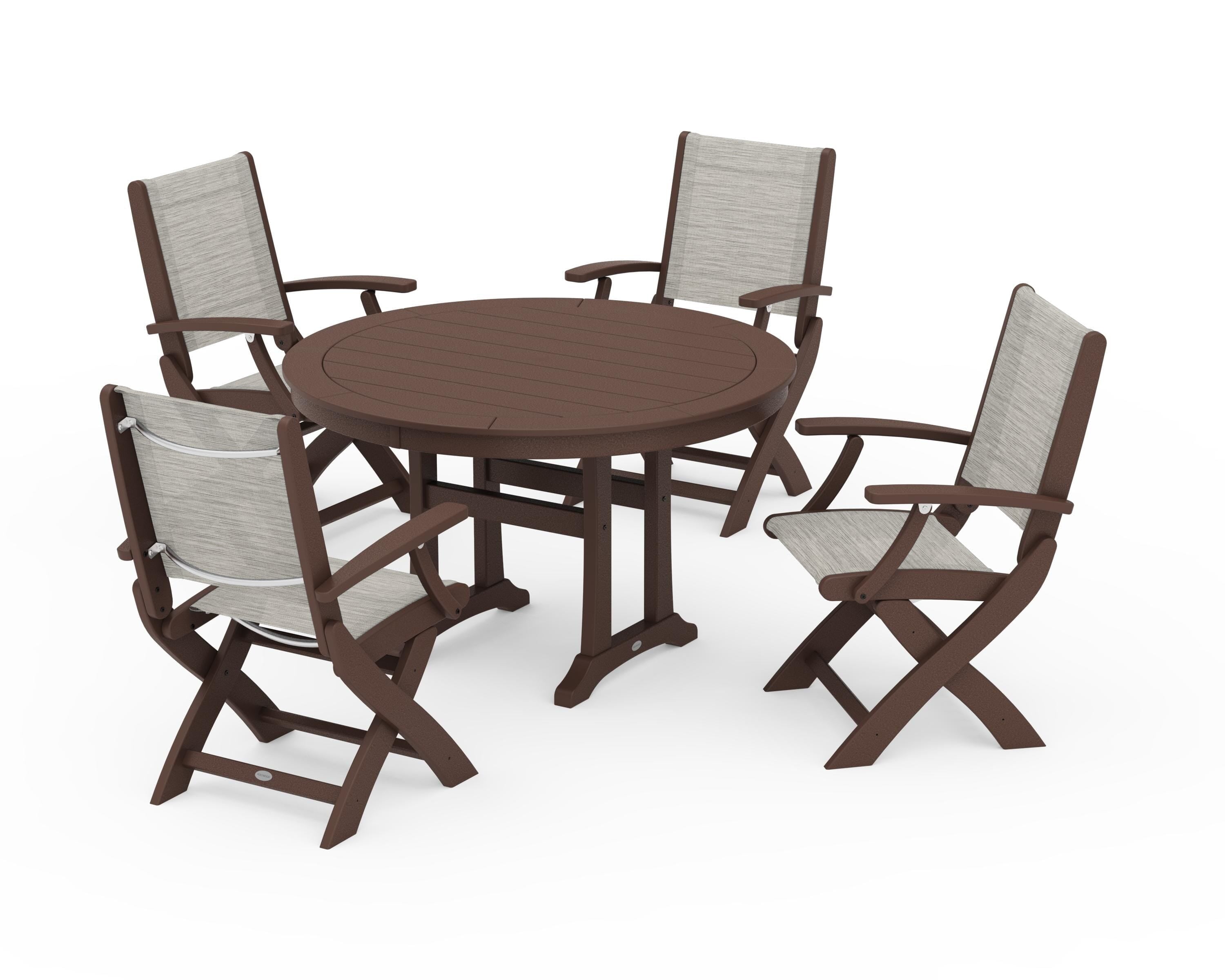 POLYWOOD Coastal Folding Chair 5-Piece Round Dining Set with Trestle Legs in Mahogany / Birch Sling