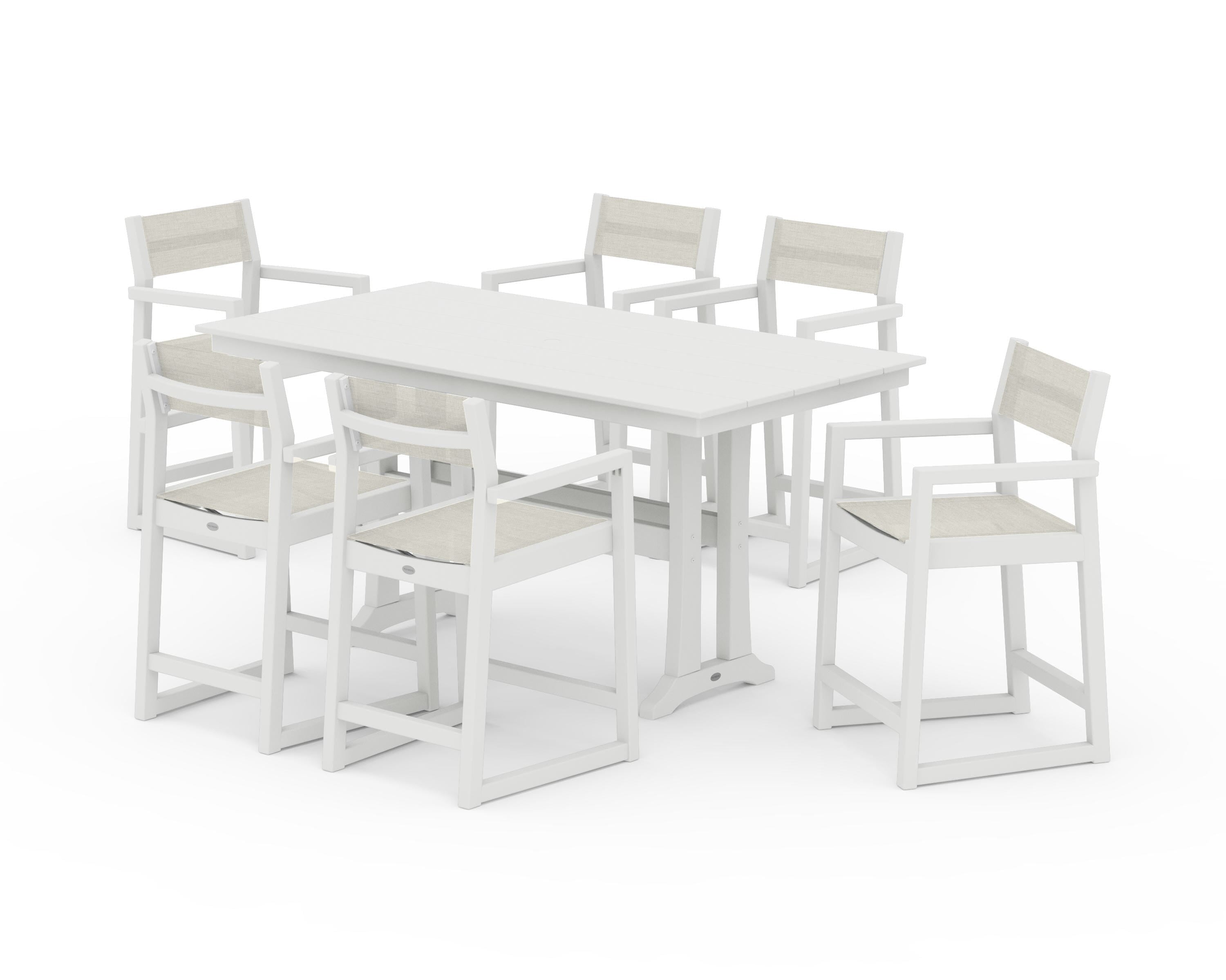 POLYWOOD EDGE Sling Arm Chair 7-Piece Farmhouse Counter Set with Trestle Legs in Vintage White / Parchment Sling