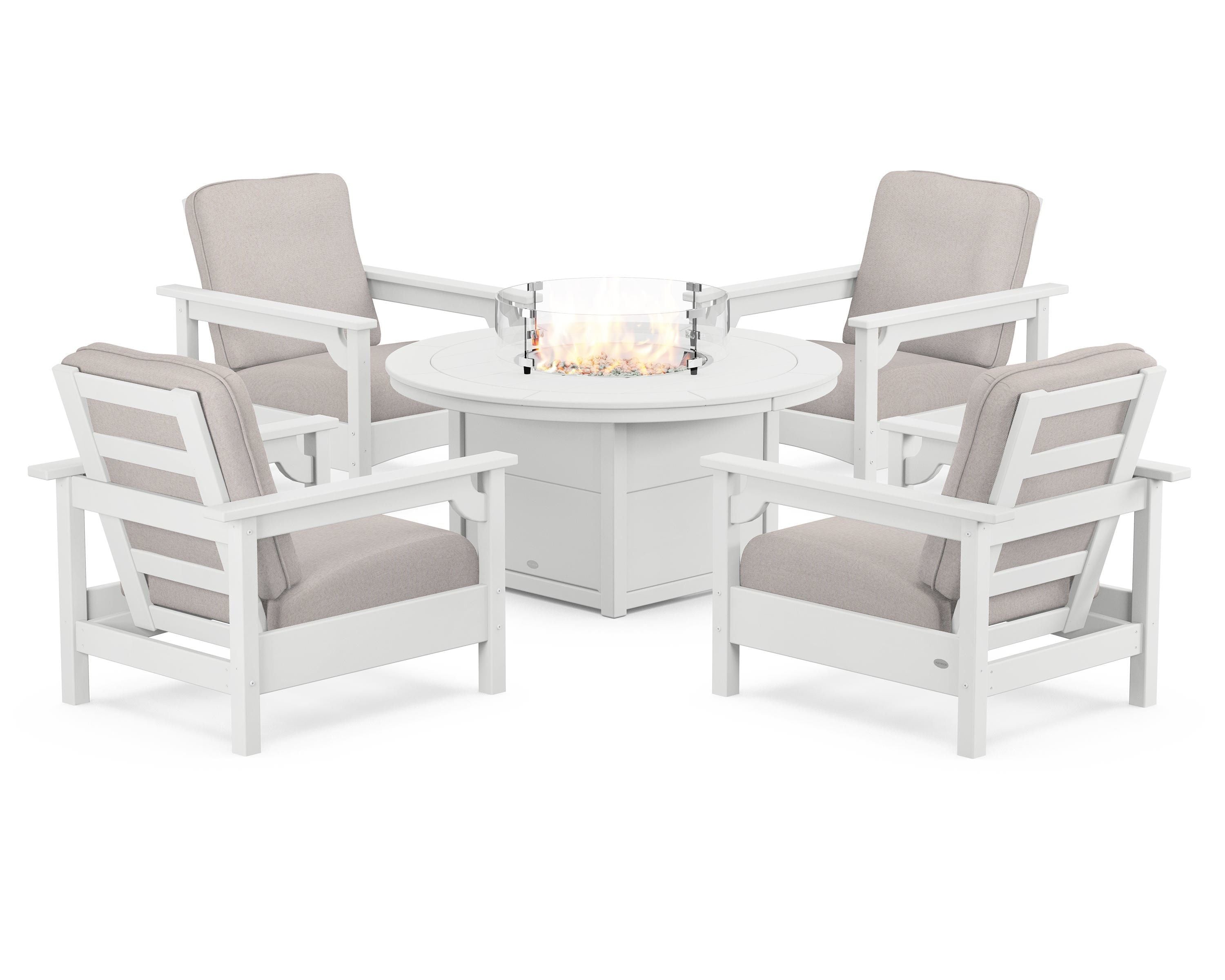POLYWOOD Club 5-Piece Conversation Set with Fire Pit Table in White / Dune Burlap