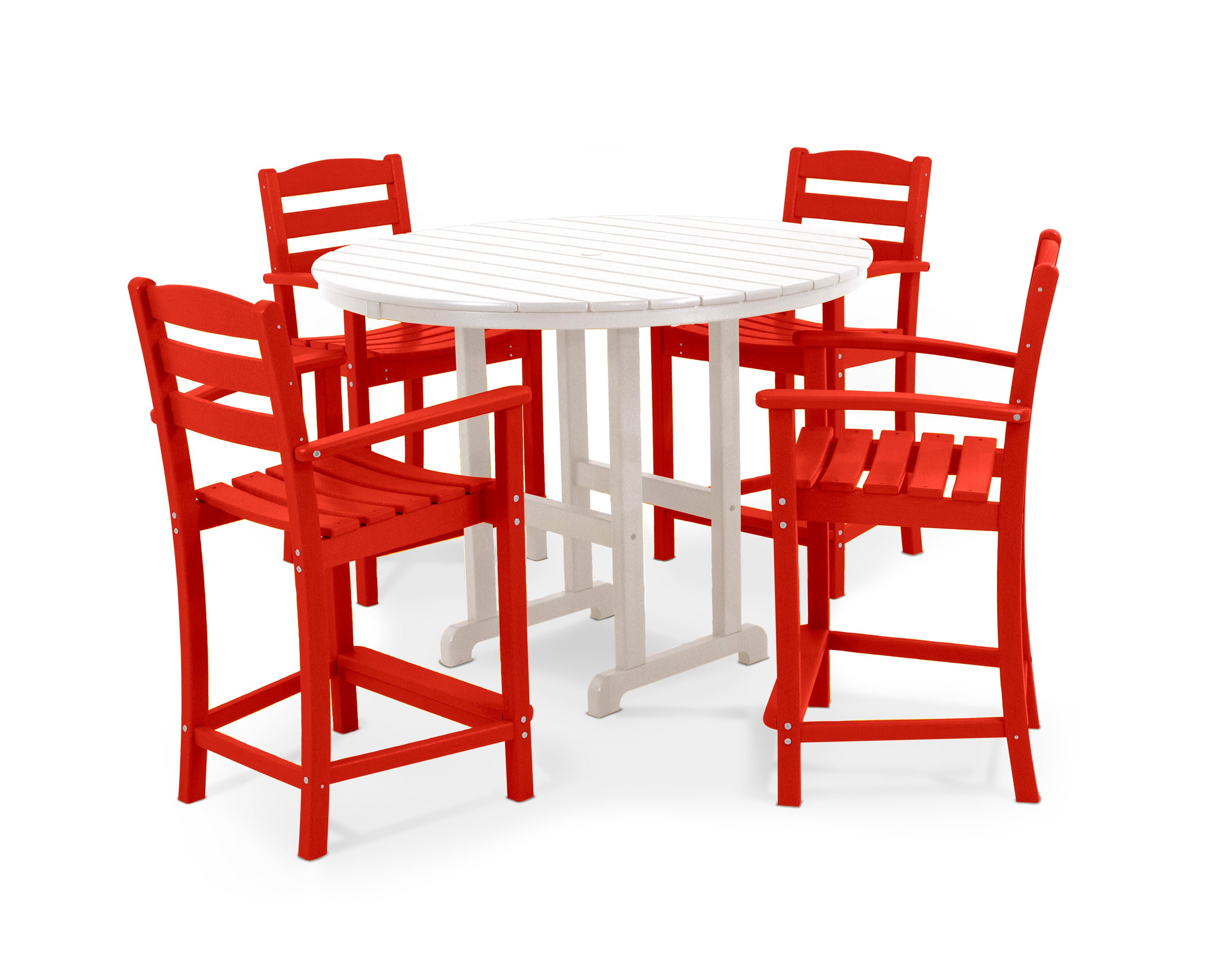 POLYWOOD® La Casa Café 5-Piece Round Farmhouse Counter Set in Sunset Red / White