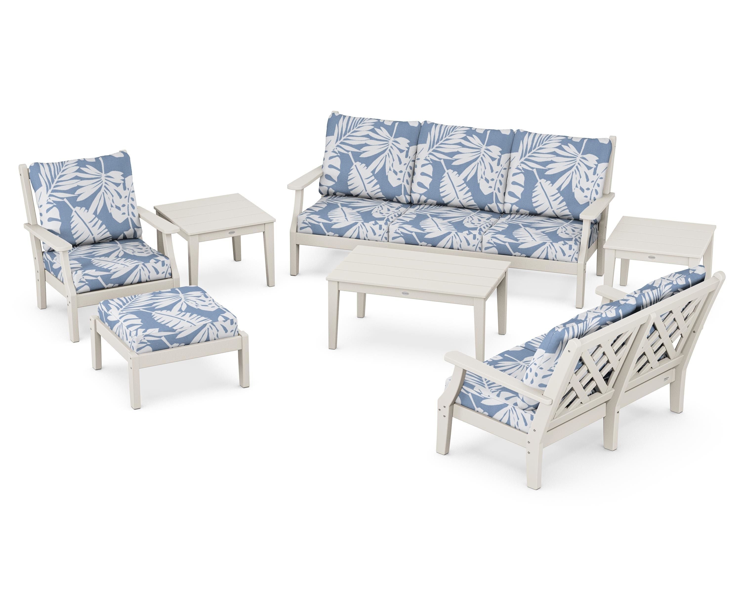 Country Living Wovendale 7-Piece Deep Seating Set in Sand / Leaf Sky Blue