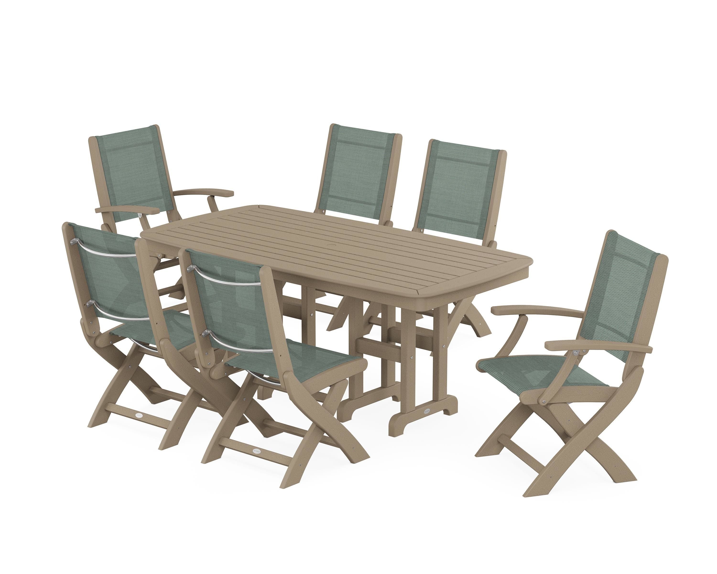 POLYWOOD Coastal Folding Chair 7-Piece Dining Set in Vintage Sahara / Dupioni Sea Mist Sling
