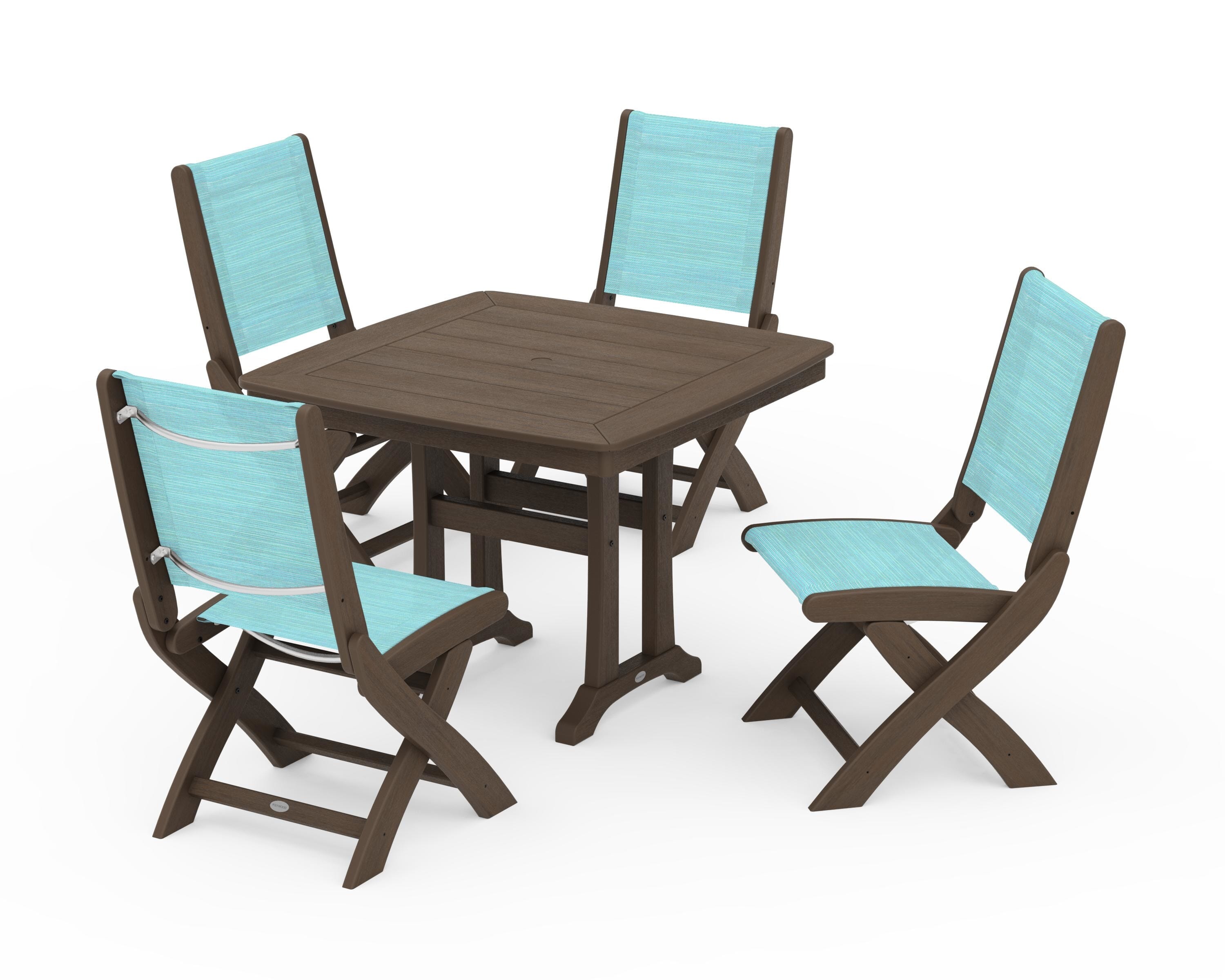POLYWOOD Coastal Folding Side Chair 5-Piece Dining Set with Trestle Legs in Kona / Dupioni Aquamarine Sling