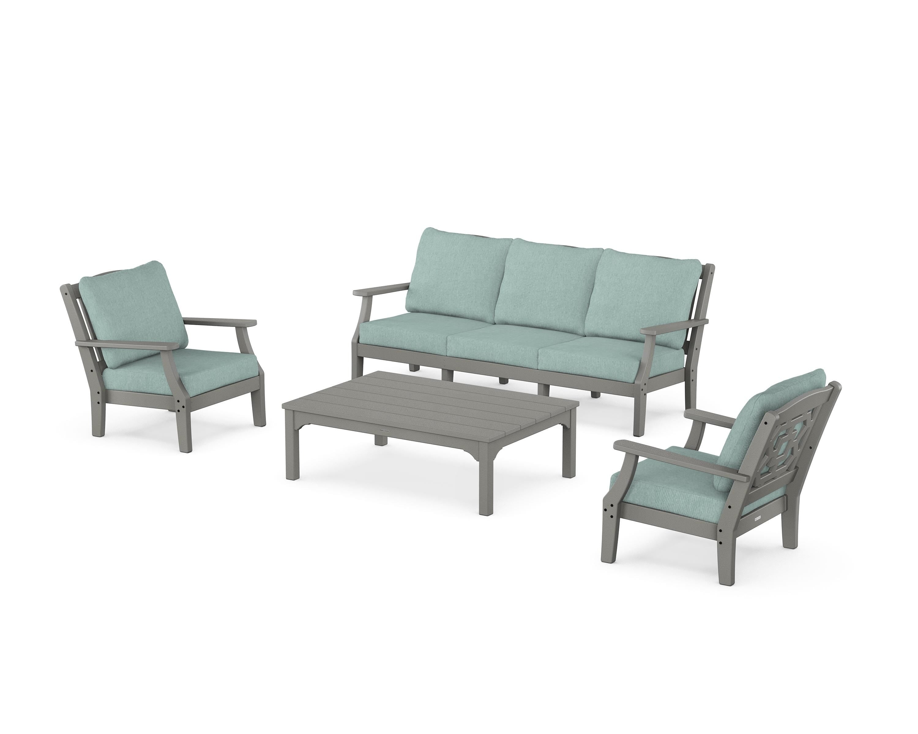 Martha Stewart by POLYWOOD Chinoiserie 4-Piece Deep Seating Set with Sofa in Slate Grey / Glacier Spa
