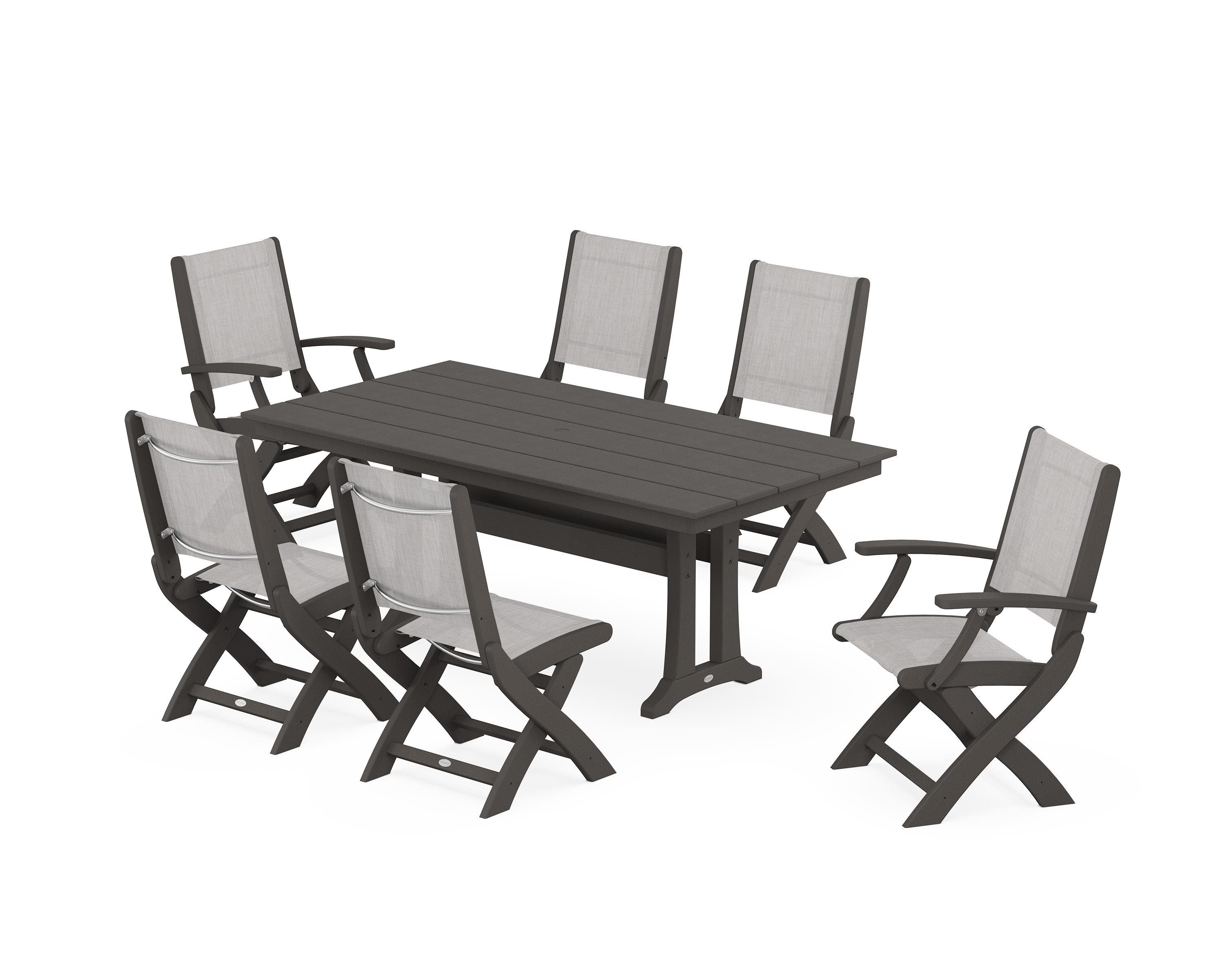 POLYWOOD Coastal Folding Chair 7-Piece Farmhouse Dining Set with Trestle Legs in Vintage Coffee / Parchment Sling