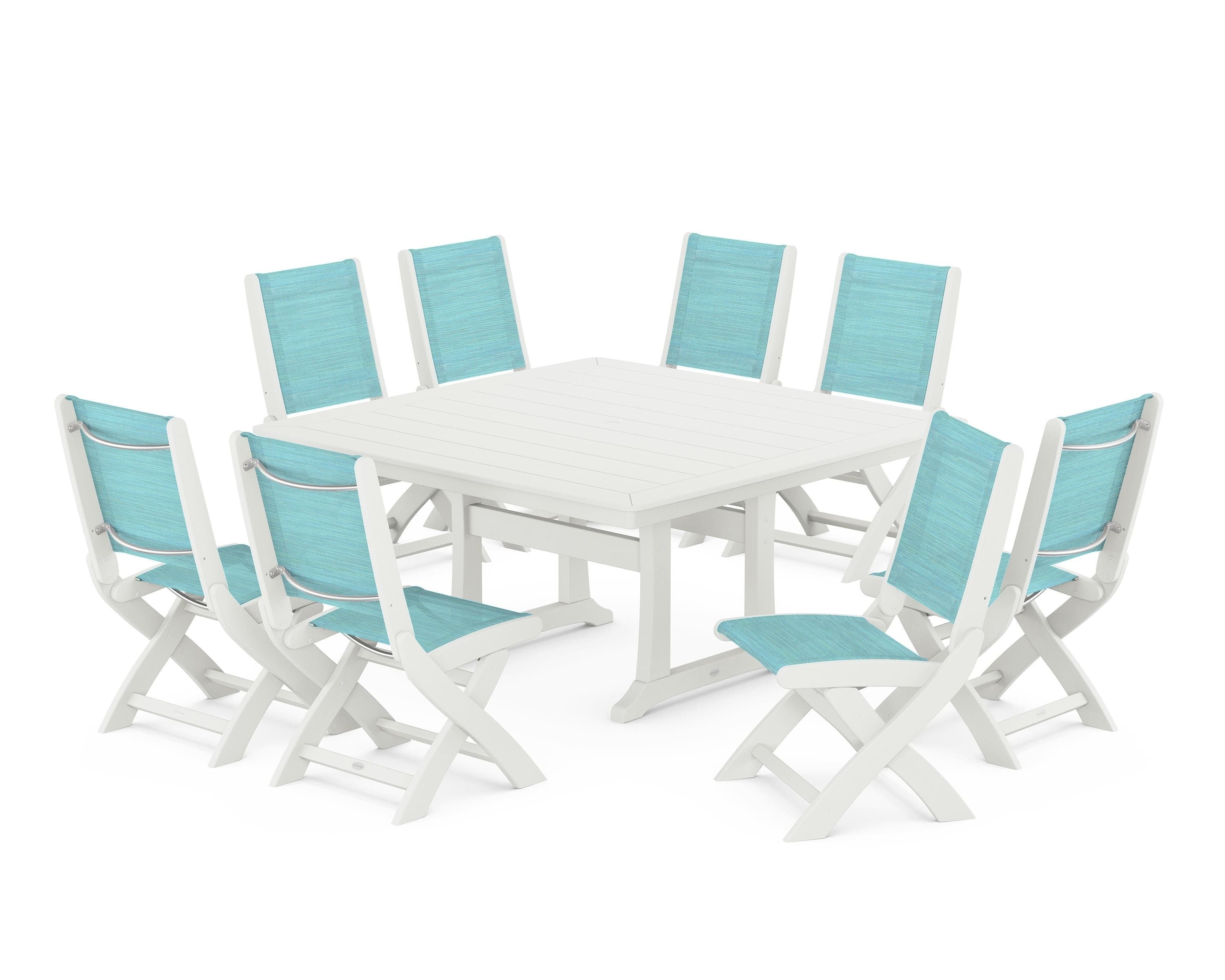 POLYWOOD Coastal Folding Side Chair 9-Piece Dining Set with Trestle Legs in Vintage White / Dupioni Aquamarine Sling