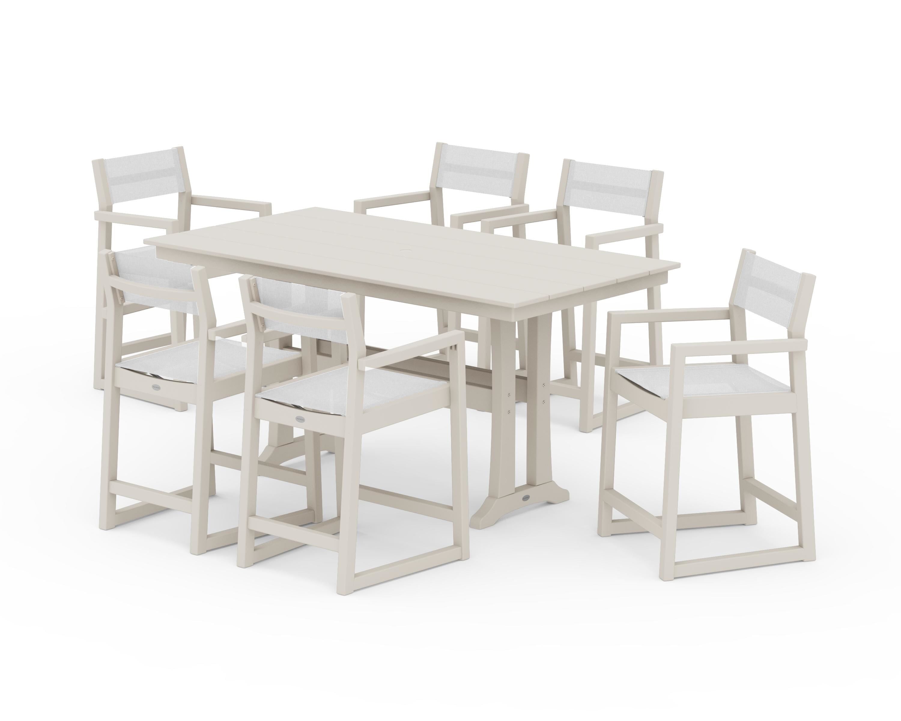 POLYWOOD EDGE Sling Arm Chair 7-Piece Farmhouse Counter Set with Trestle Legs in Sand / White Sling