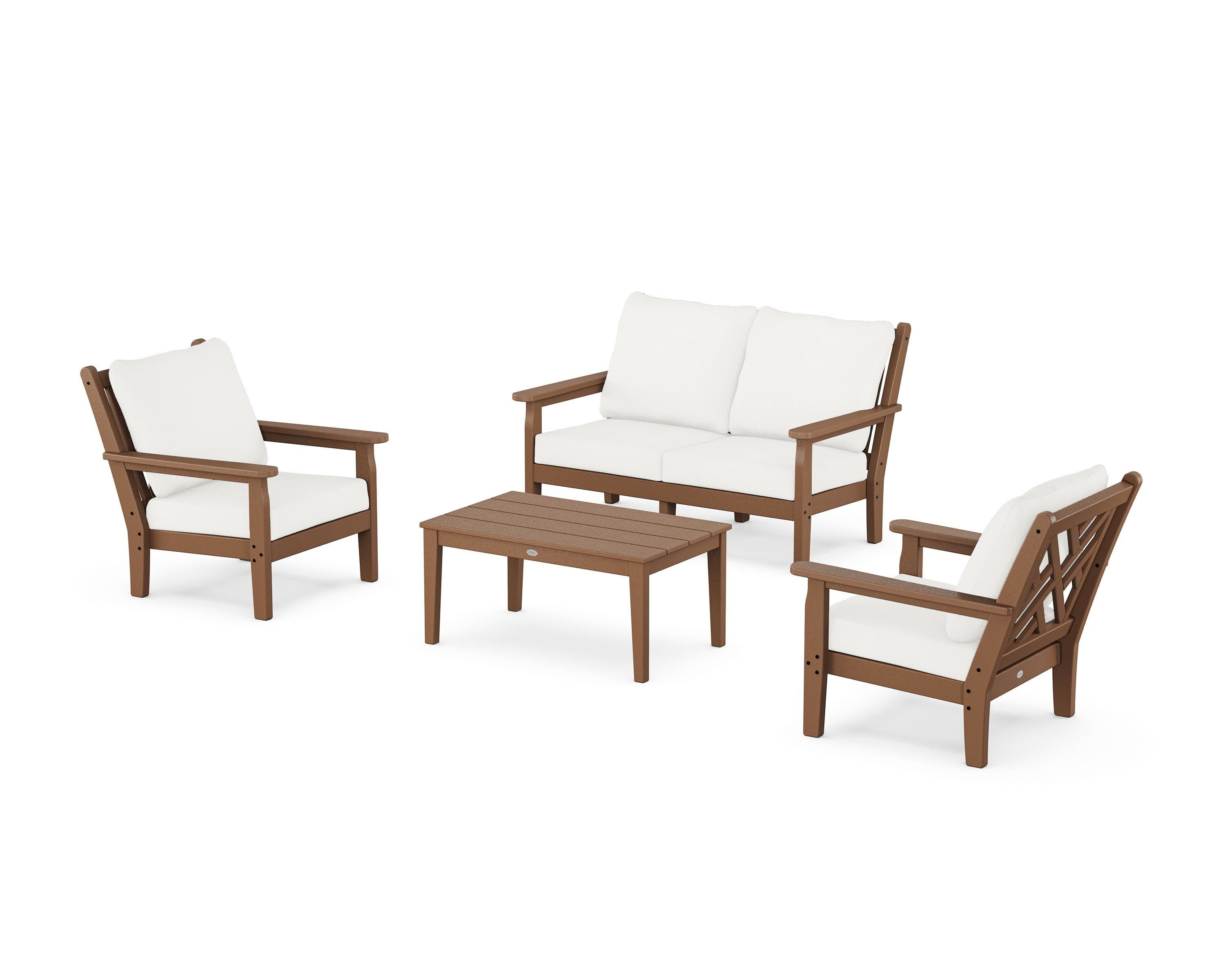 POLYWOOD Chippendale 4-Piece Deep Seating Set with Loveseat in Teak / Natural Linen