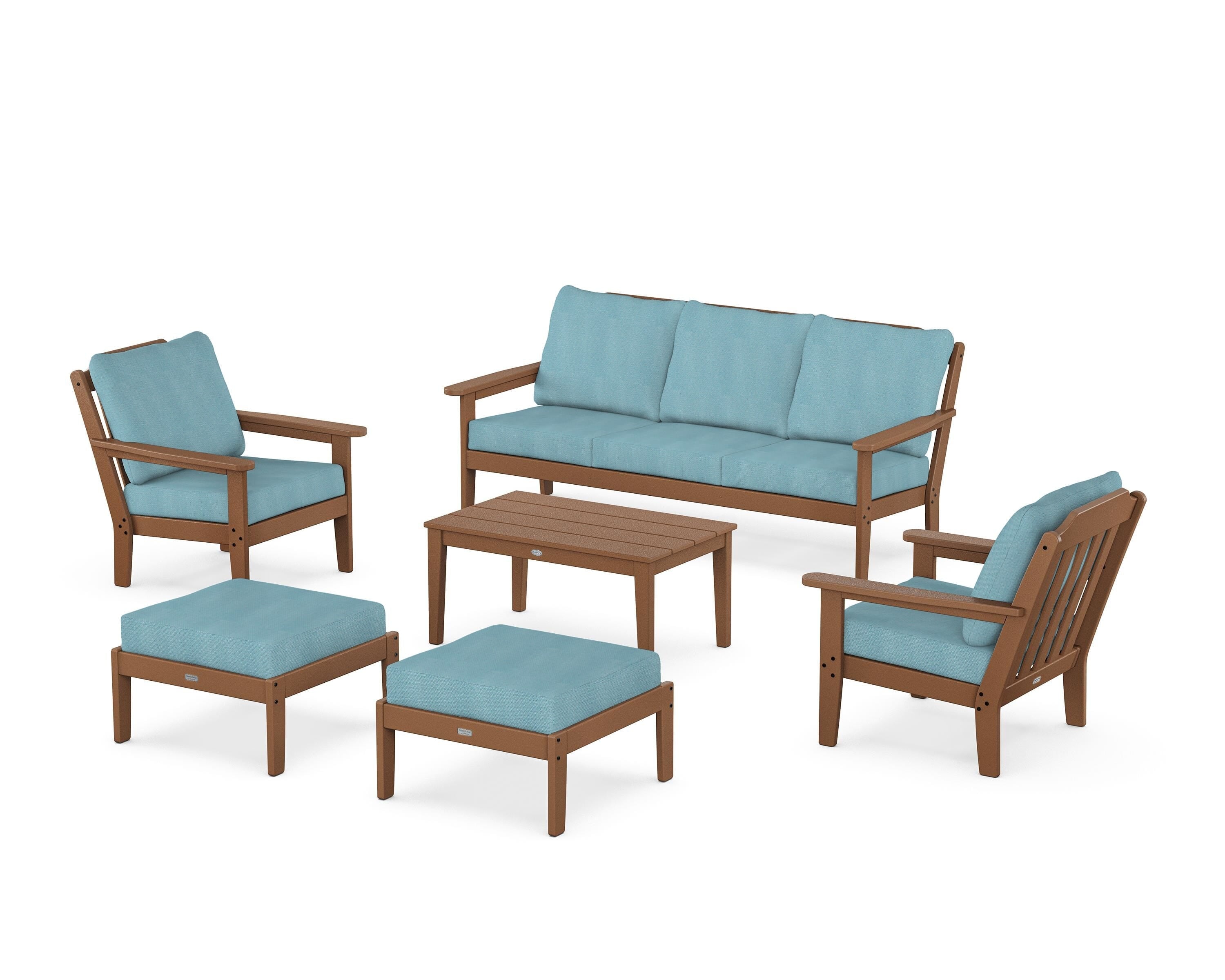 Country Living Cottage 6-Piece Lounge Sofa Set in Teak / Lattice Sky Blue