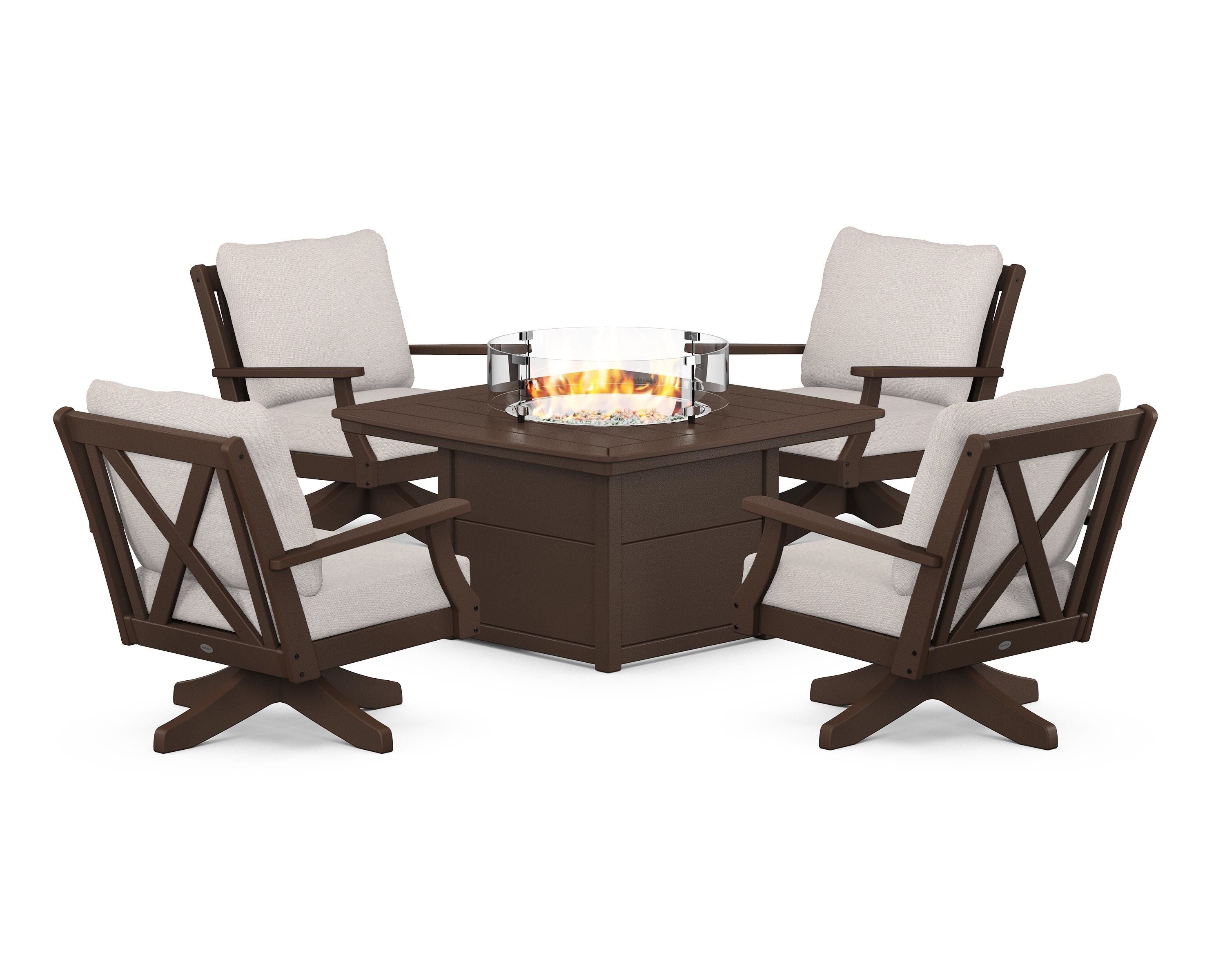POLYWOOD Braxton 5-Piece Deep Seating Swivel Conversation Set with Fire Pit Table in Mahogany / Dune Burlap