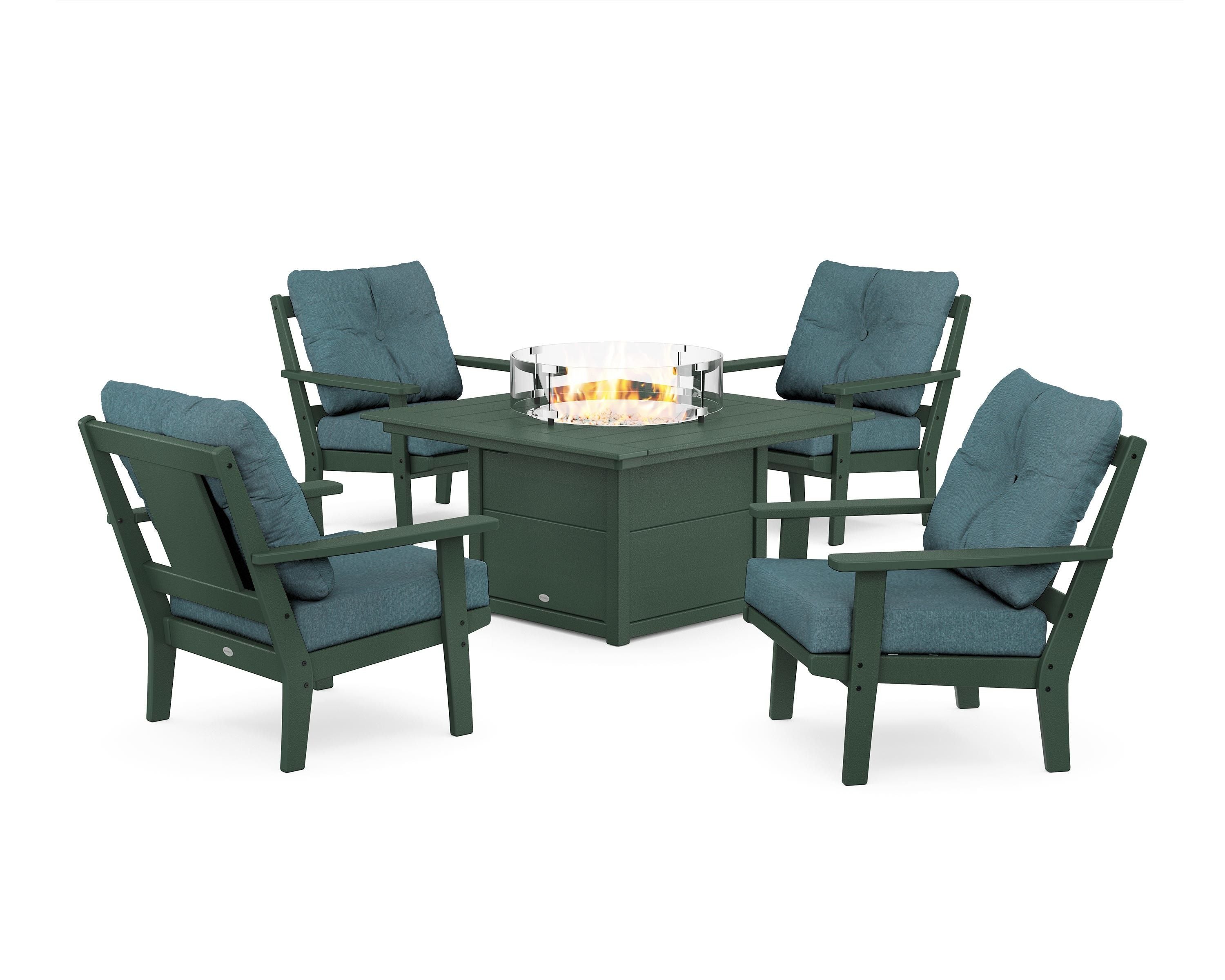 POLYWOOD Prairie 5-Piece Deep Seating Set with Fire Pit Table in Green / Ocean Teal