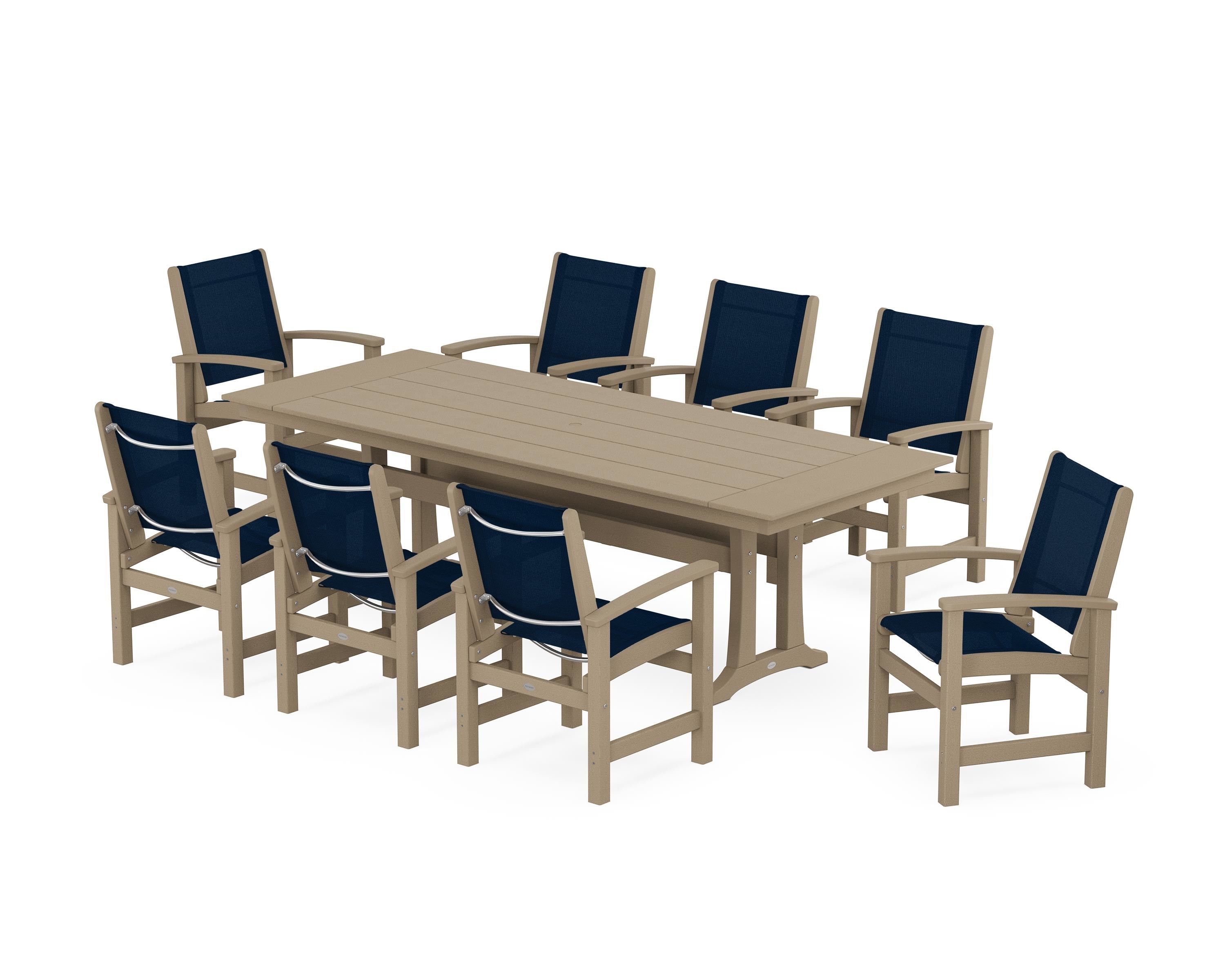 POLYWOOD Coastal 9-Piece Farmhouse Dining Set with Trestle Legs in Vintage Sahara / Navy Blue Sling