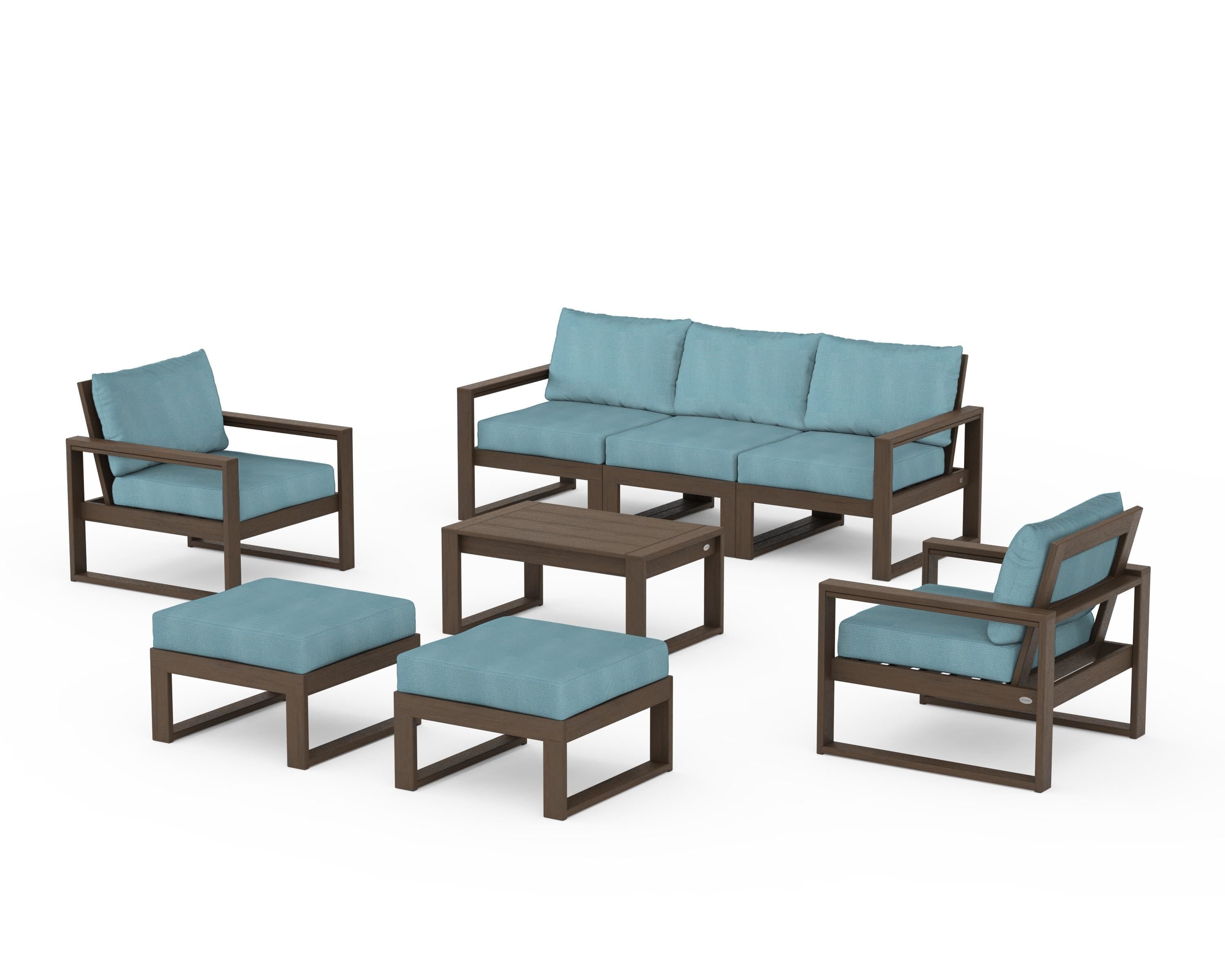 POLYWOOD EDGE Sectional 8-Piece Lounge Sofa Set in Kona / Lattice Sky Blue